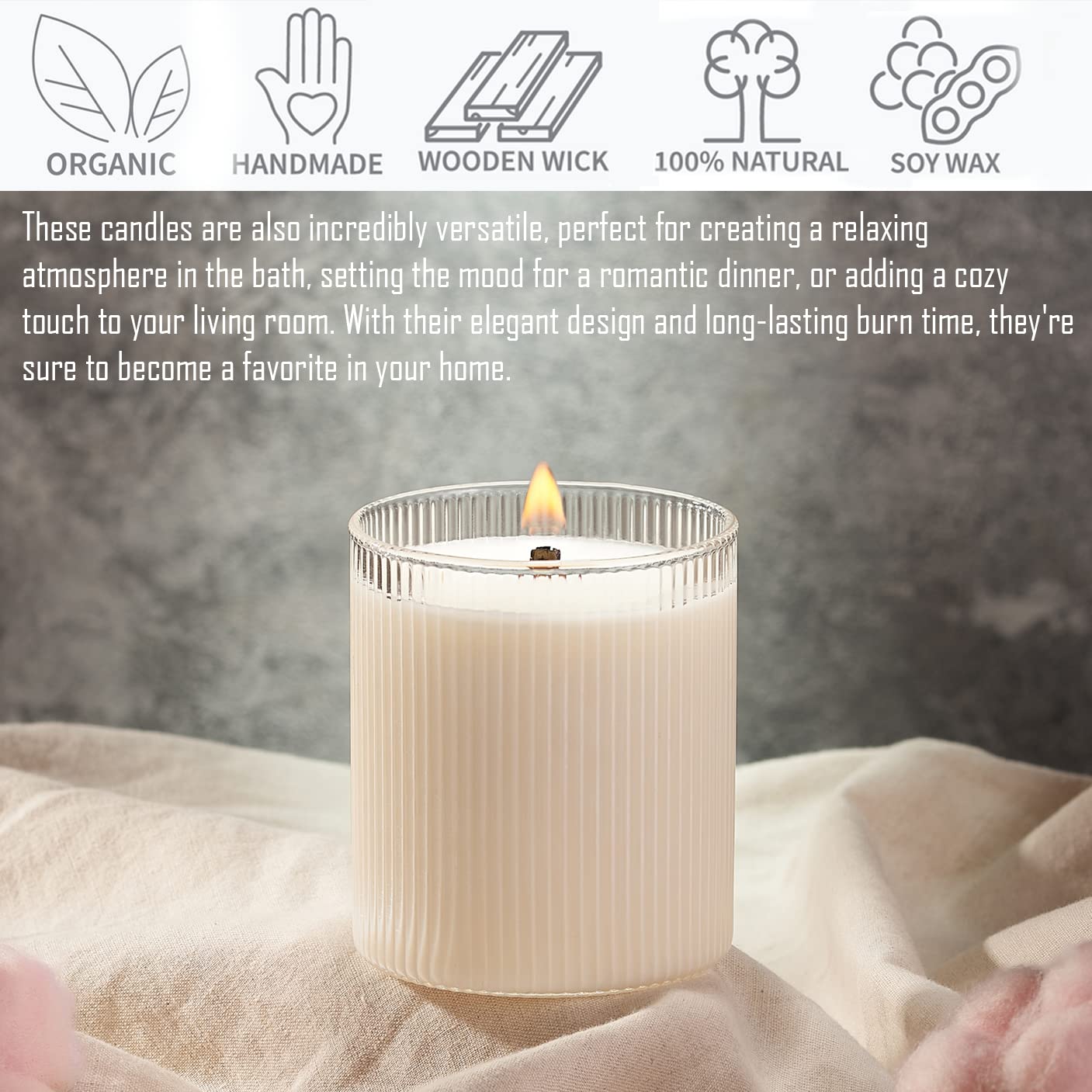 Amazon.co.jp: リブ付きキャンドル ラグジュアリージャーキャンドル 美しいリップルガラス 木製芯 ソイキャンドル ギフト ヴィンテージ装飾  サンダルウッドの香り : ホーム＆キッチン