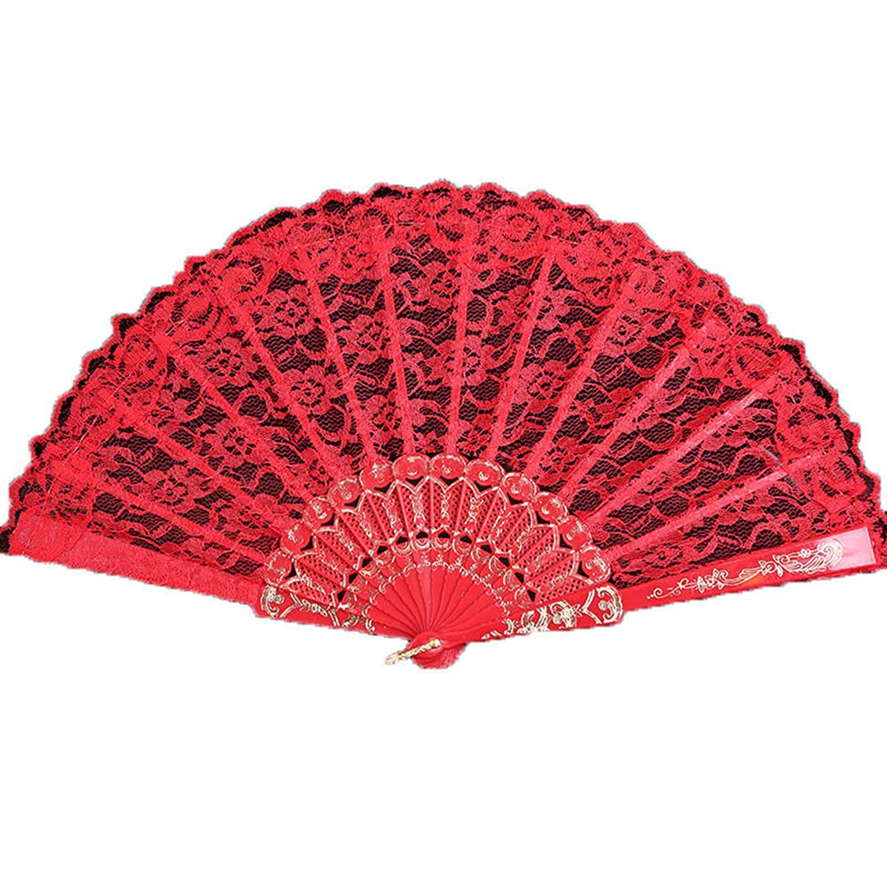 Éventail en tissu pour femme - Pour mariage, anniversaire, fête costumée, Halloween, carnaval, danse, etc. - Rouge