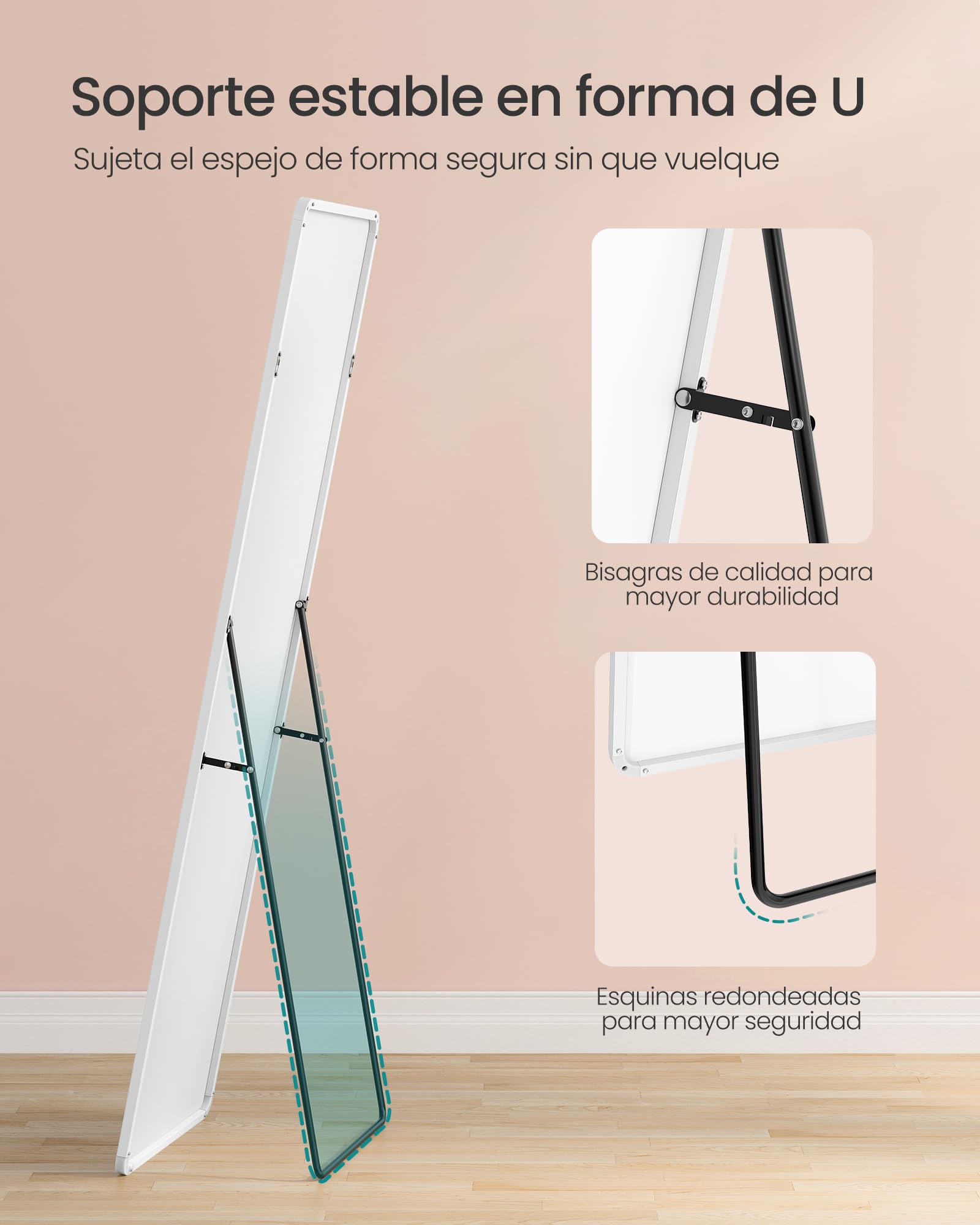 SONGMICS Espejo de Cuerpo Entero, 160 x 50 cm, Espejo de Pie Rectangular con Soporte, con Marco de Aleación de Aluminio, Cristal Templado, para Dormitorio, Salón, Vestuario, Blanco Mate LFM030WC01