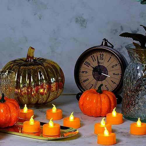 Miniatura 2 de Paquete de 24 velas de té naranja para Halloween, velas LED que funcionan con pilas, luces de calabaza pequeñas con bombilla blanca cálida, sin