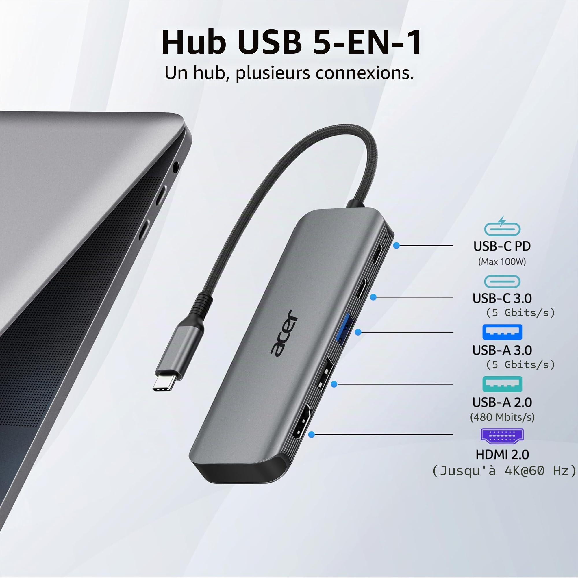 Acer Hub USB C 5 en 1, Adaptateur USB-C vers HDMI 4K@60Hz, USB A/C 5 Gbps, Charge PD 100W, Aluminium+Nylon pour MacBook, iPad Pro/Air