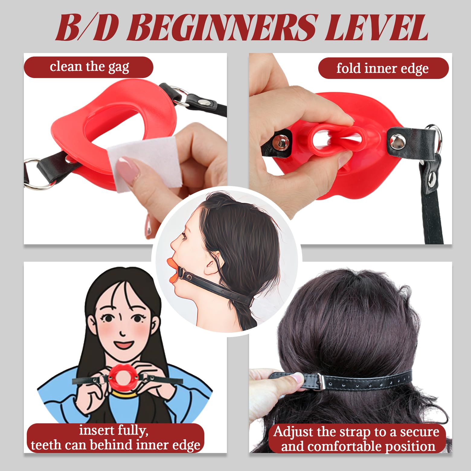 Sexy Silicone Lips Mouth Gag, 4cm PU Leather Ball Gag O-Ring for Couples BDSM Play, Slave Restraints SM Sex Toy Flirt for Men Women (): Red