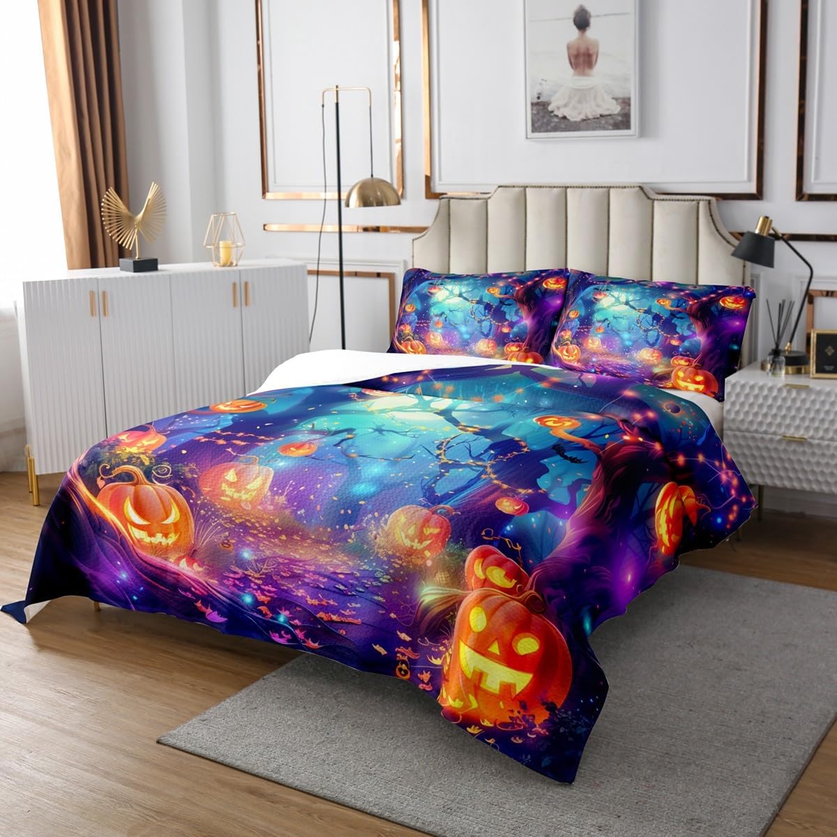 Halloween Pumpkin Lantern Bedspread Twin Size,Bat Jungle Glitter Bedding Set for Kids Boys Girls Room Decor,Fall Leaves Moonlight Horror Coverlet Set 2Pcs,Halloween Quilt,1 Pillowcase