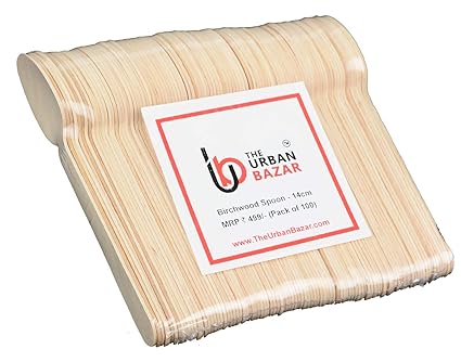 THE URBAN BAZAR Birchwood Disposable Wooden Spoon Biodegradable, Compostable and Natural -14 cm Length Perfect for Parties and Crafts - Pack of 100