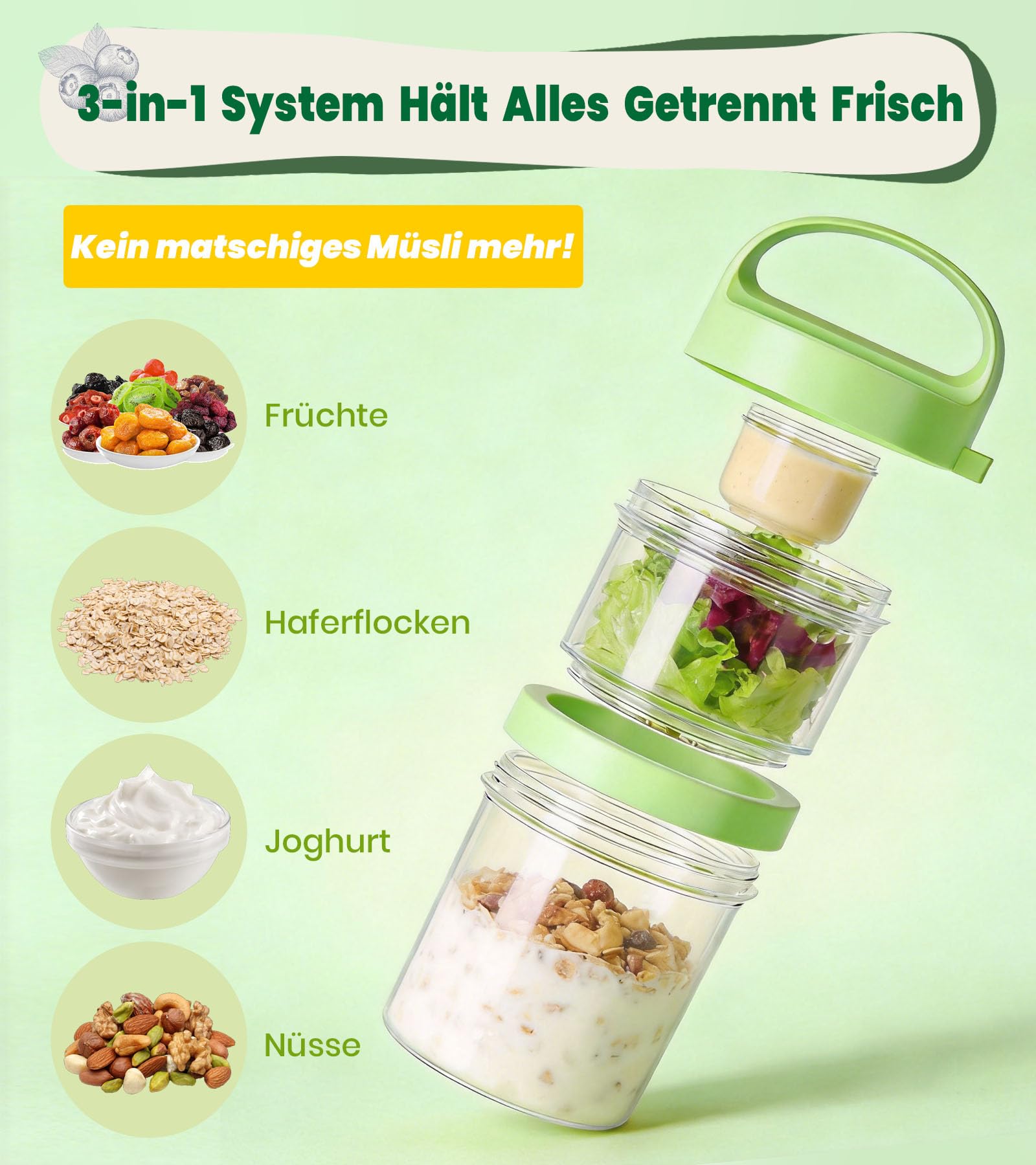 Ugotit Müslibecher to Go, Joghurtbecher to Go mit Löffel & kleinem Soßenbecher, 360ml+560ml Müsli to go Becher, Joghurt to Go Becher für Overnight Oats, Arbeit, Schule, Fitness, Picknick (2 Stück)