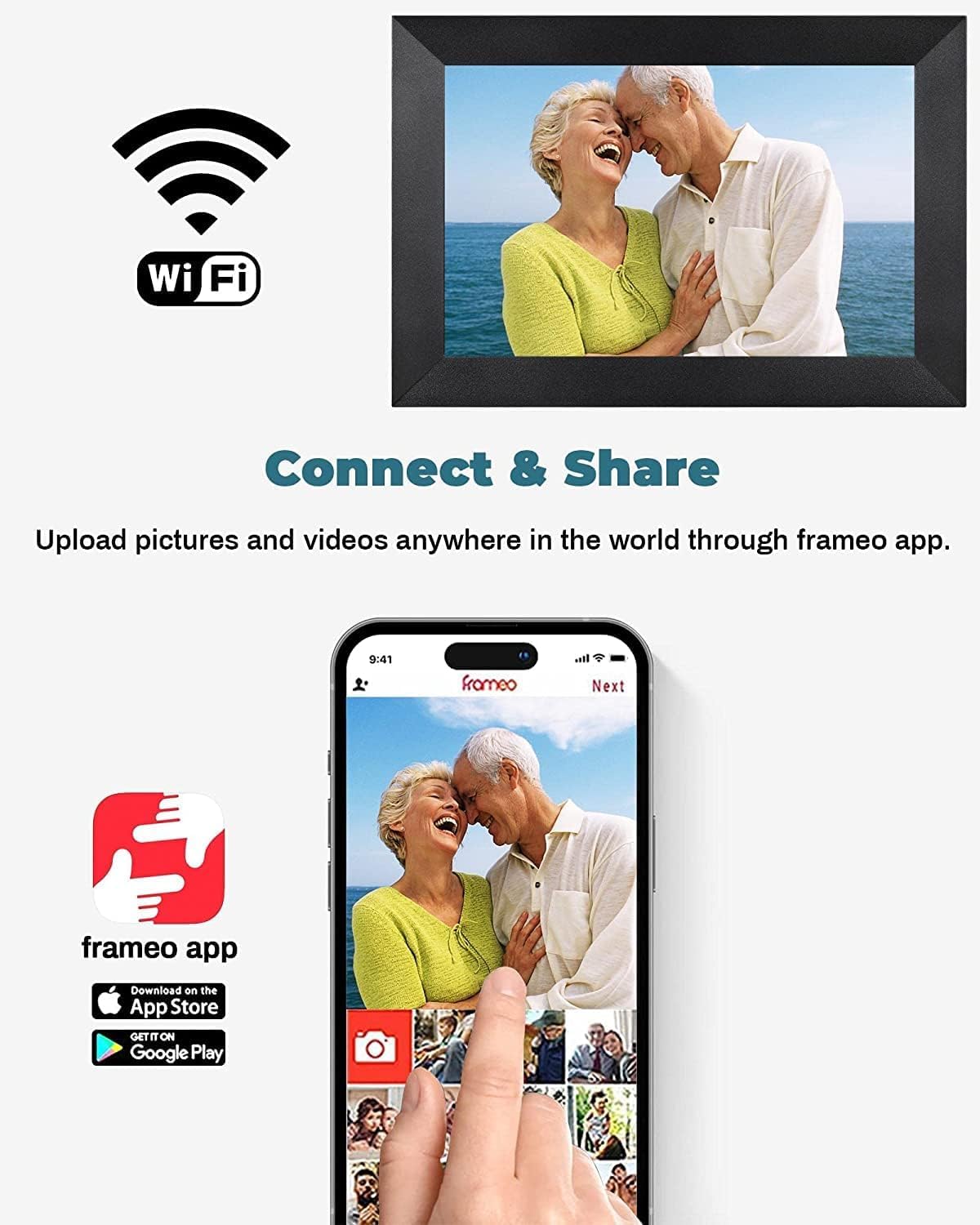 Cadre Photo Numérique WiFi - 10.1 Pouces IPS Écran Tactile Smart Cloud Connecté avec 32Go Espace, Partagez des Photos Via Frameo App