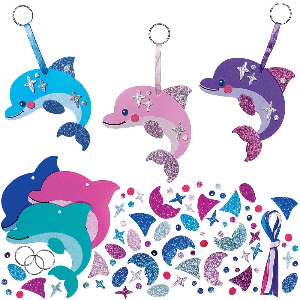 Baker Ross VC145 Dolphin Keyring & Bag Dangler Kits - Pack of 6, Foam Dolphin Charms