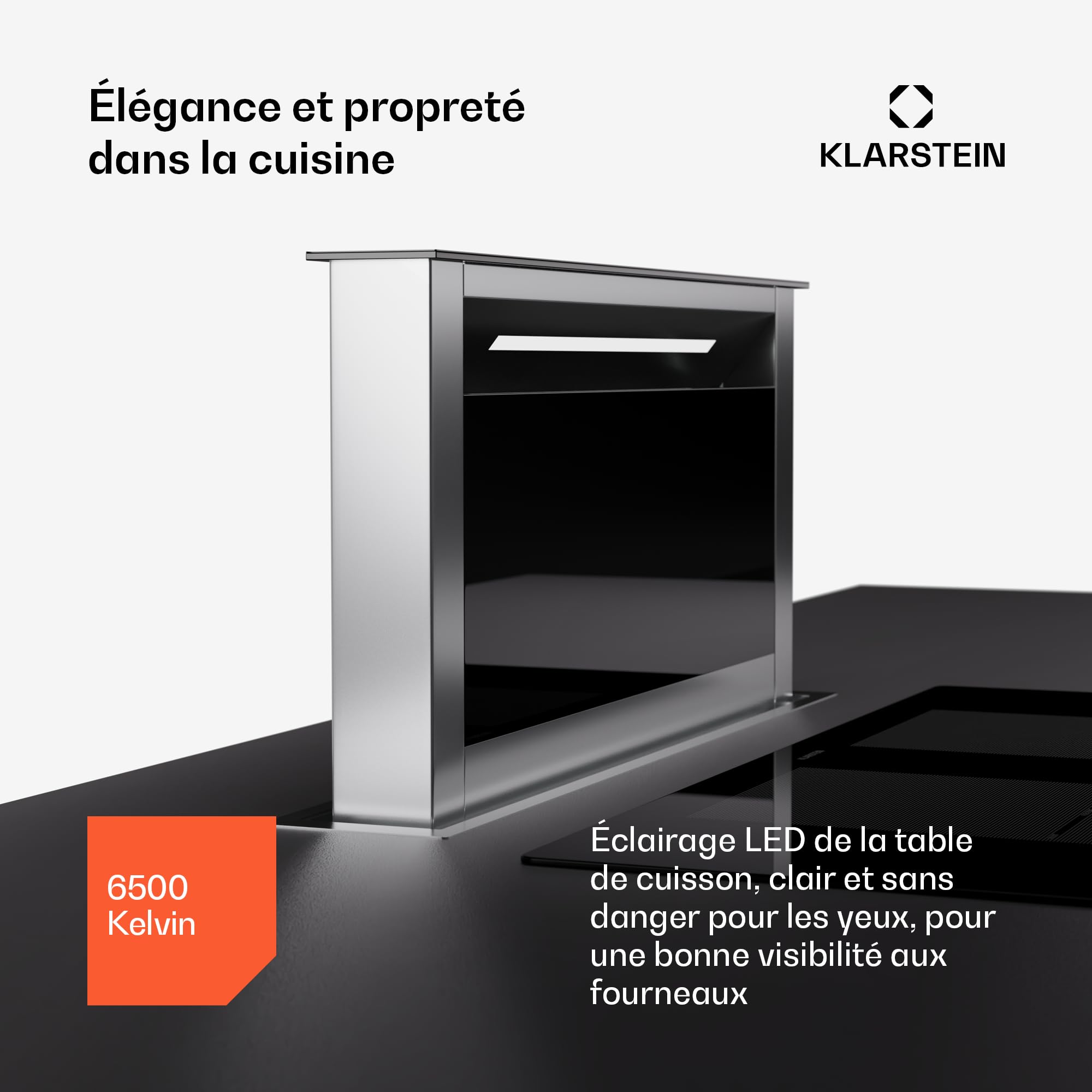 Hotte aspiration descendante Klarstein 60 cm, hotte aspirante escamotable évacuation/air recyclé pour la cuisine, aspirante silencieuse sans tuyau, débit d'air 713