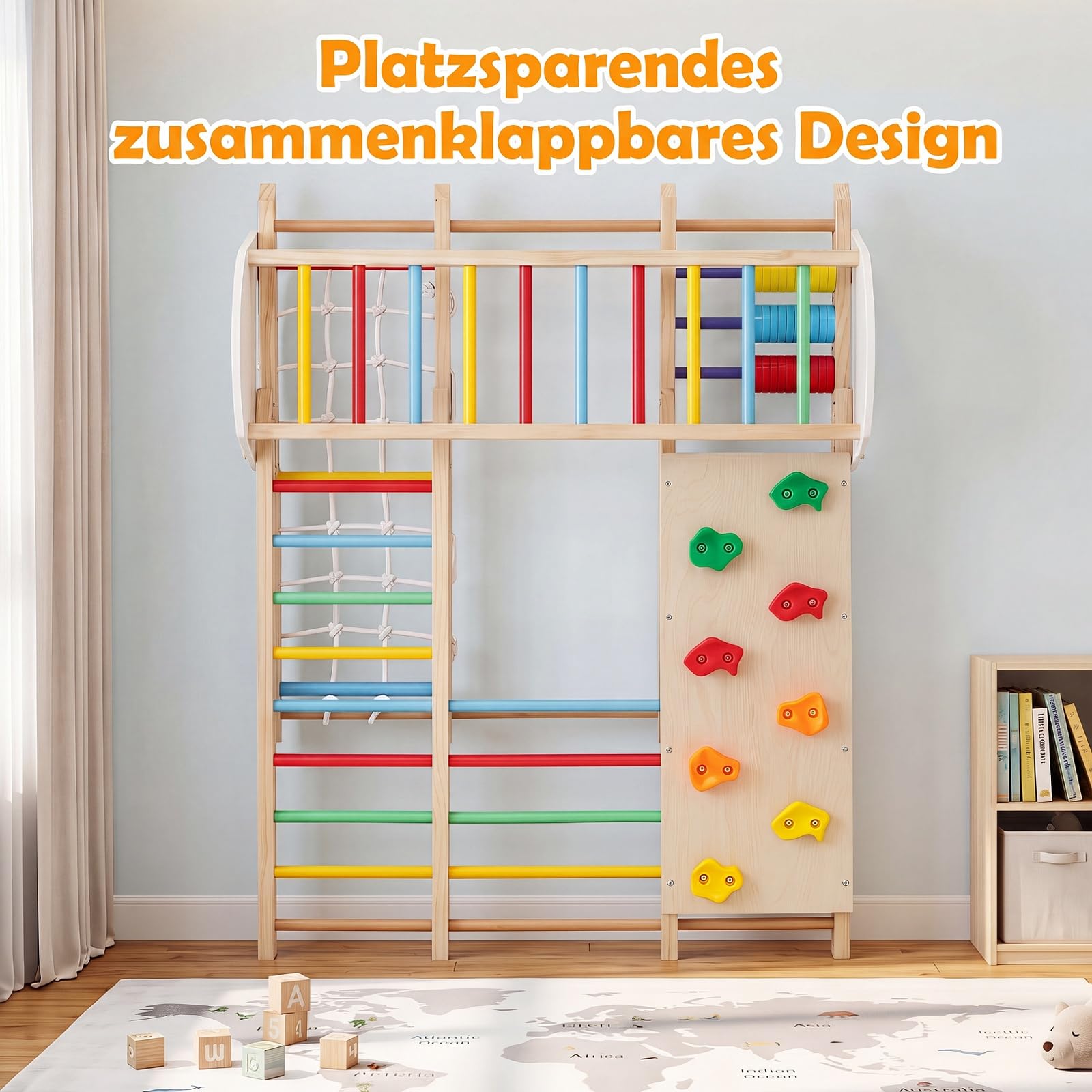 COSTWAY 8 in 1 Indoor Klettergerüst aus Holz für Kinder ab 3 Jahren (Bunt) | Klappbares Kletterspielzeug Set mit Hangelgerüst, Klettersteine, Kletterrampe, Kletternetz, Kletterseil, Leiter & Schaukel