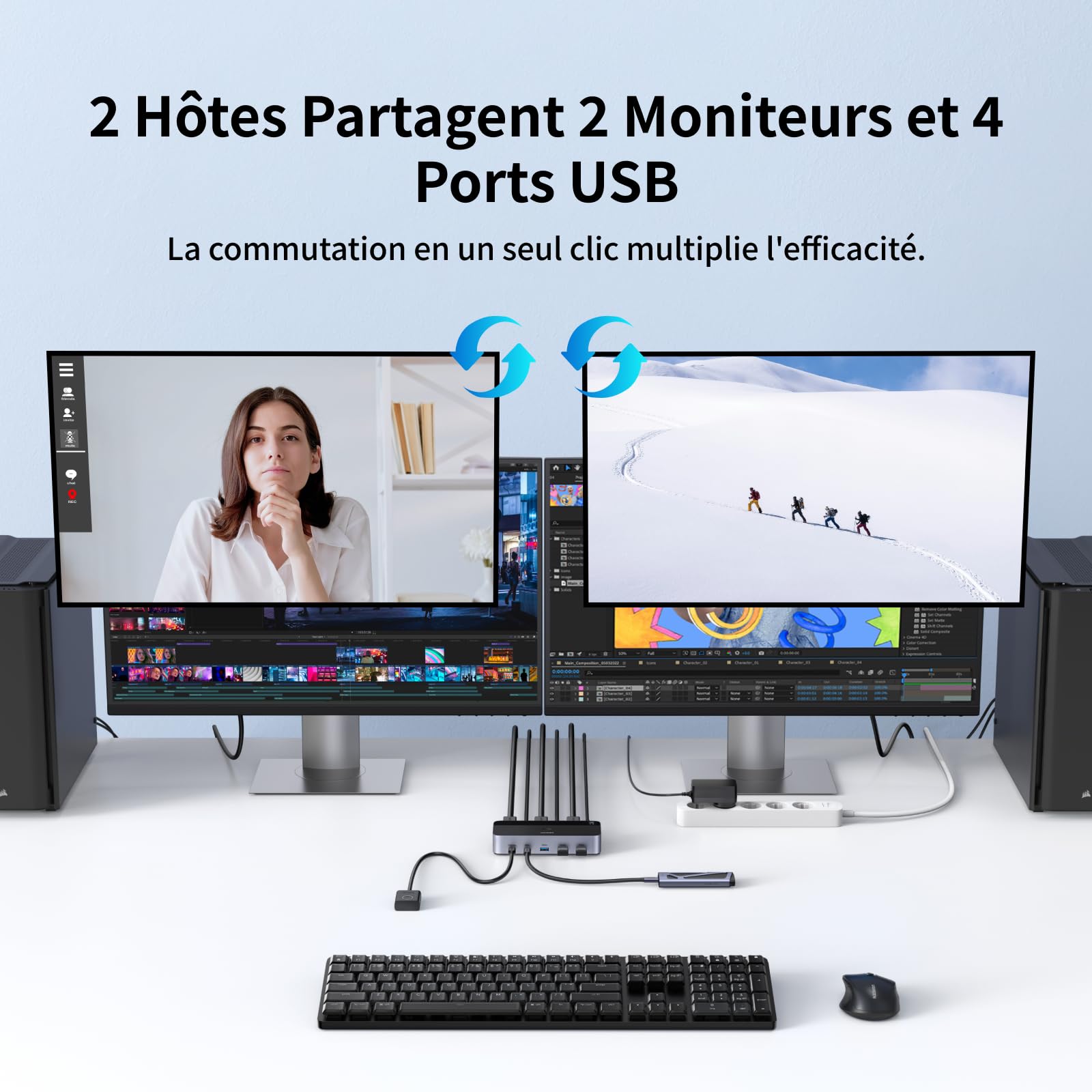 UGREEN Switch HDMI KVM 2 Entrées 2 Sorties 4K 60Hz 2 Affichage Commutateur | 4 Ports USB 3A1C 5Gbps pour Clavier Souris Disque Dur Contrôleur de Bureau Câbles HDMI Inclus