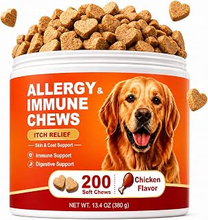 Dog Allergy Chews 200ct – Itchy Skin Relief for Dogs, Anti Itch & Immune Support,Licking Paws Treatment,Soft Chews with Colostrum,Probiotics & Vitamins,skin and coat supplement for dogs,Chicken Flavor