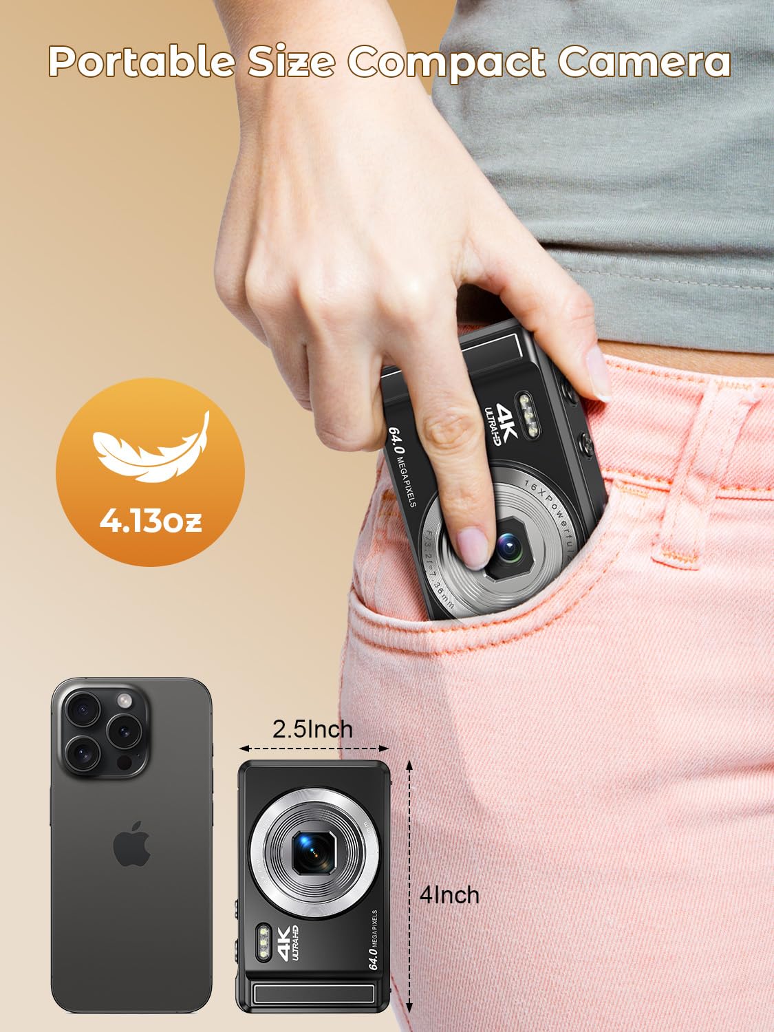 Digitalkamera 4K 64MP, 2.8 Zoll UHD Autofokus Kamera fotokamera, Micro-SD-Karte & Akku,16X Digitalzoom Wiederaufladbare Tragbare Kompaktkameras mit für Anfänger Jugendliche