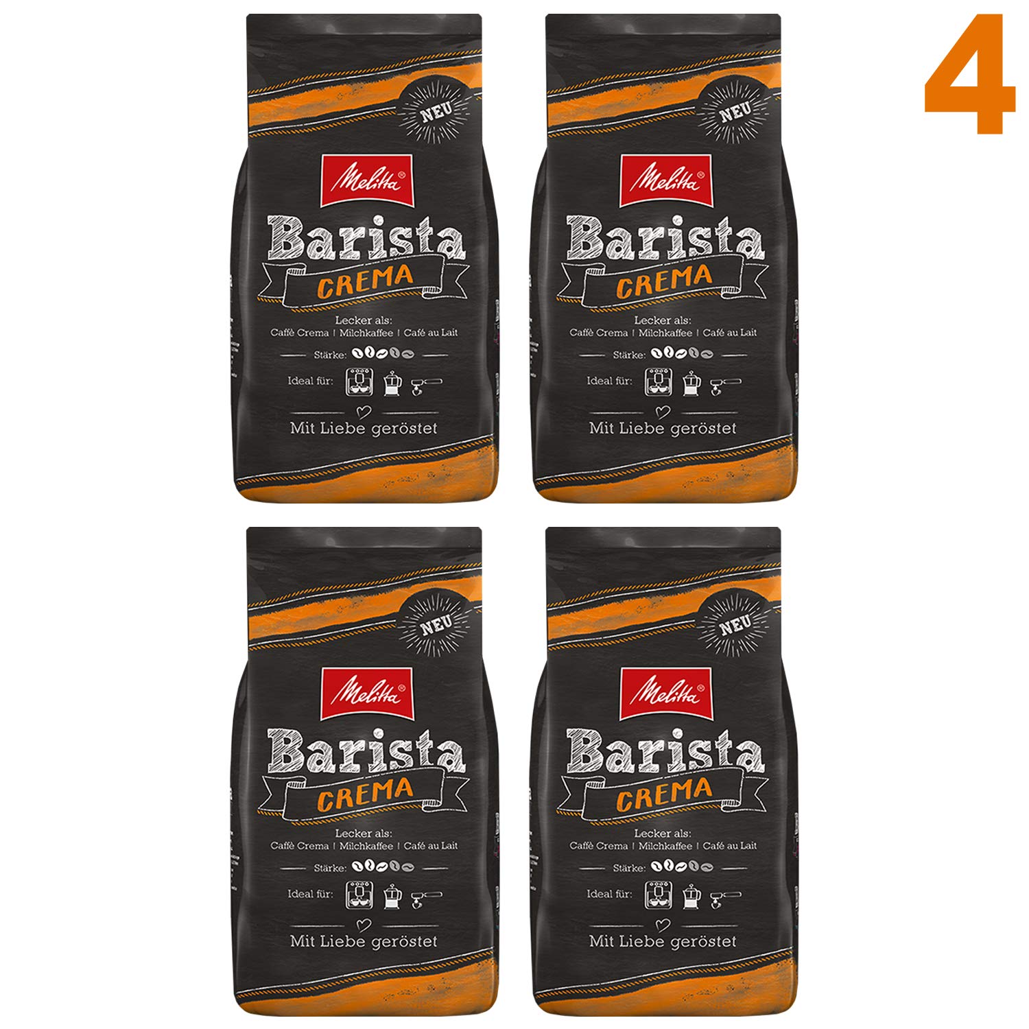 Melitta Barista Crema, Ganze Kaffeebohnen 4x 1000g (4000g) - ausgewogener, harmonischer Kaffee