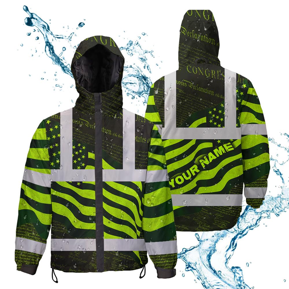 HiVis Custom Hi Vis Jacket Waterproof And Windproof Reflective Independence USA Flag For Men, Construction Workwear For Workers, Truckers, Operators, Patriotic-4XL
