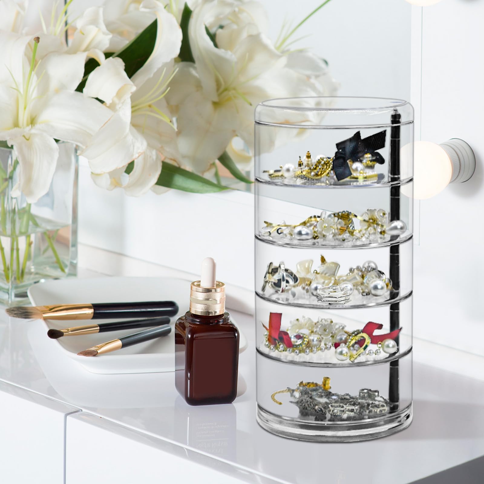 Organizador de joyas giratorio de 5 capas, caja organizadora de aretes pequeños para mujer, almacenamiento de accesorios de joyería transparente con tapa para aretes, pulseras, collares