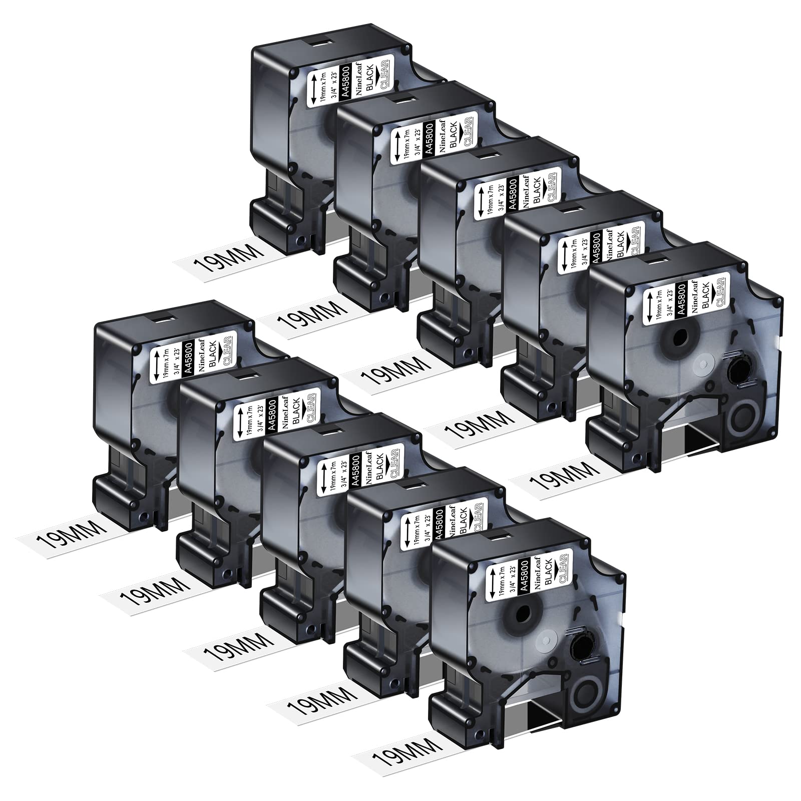 NineLeaf 10 X Compatible pour Dymo D1 45800 S0720820 19mm x 7m Noir sur Transparent Étiqueteuse Ruban D'étiquettes Cartouche pour LabelManager 300 350 350D 360D 400 420P 450 450D 500TS MobileLabeler