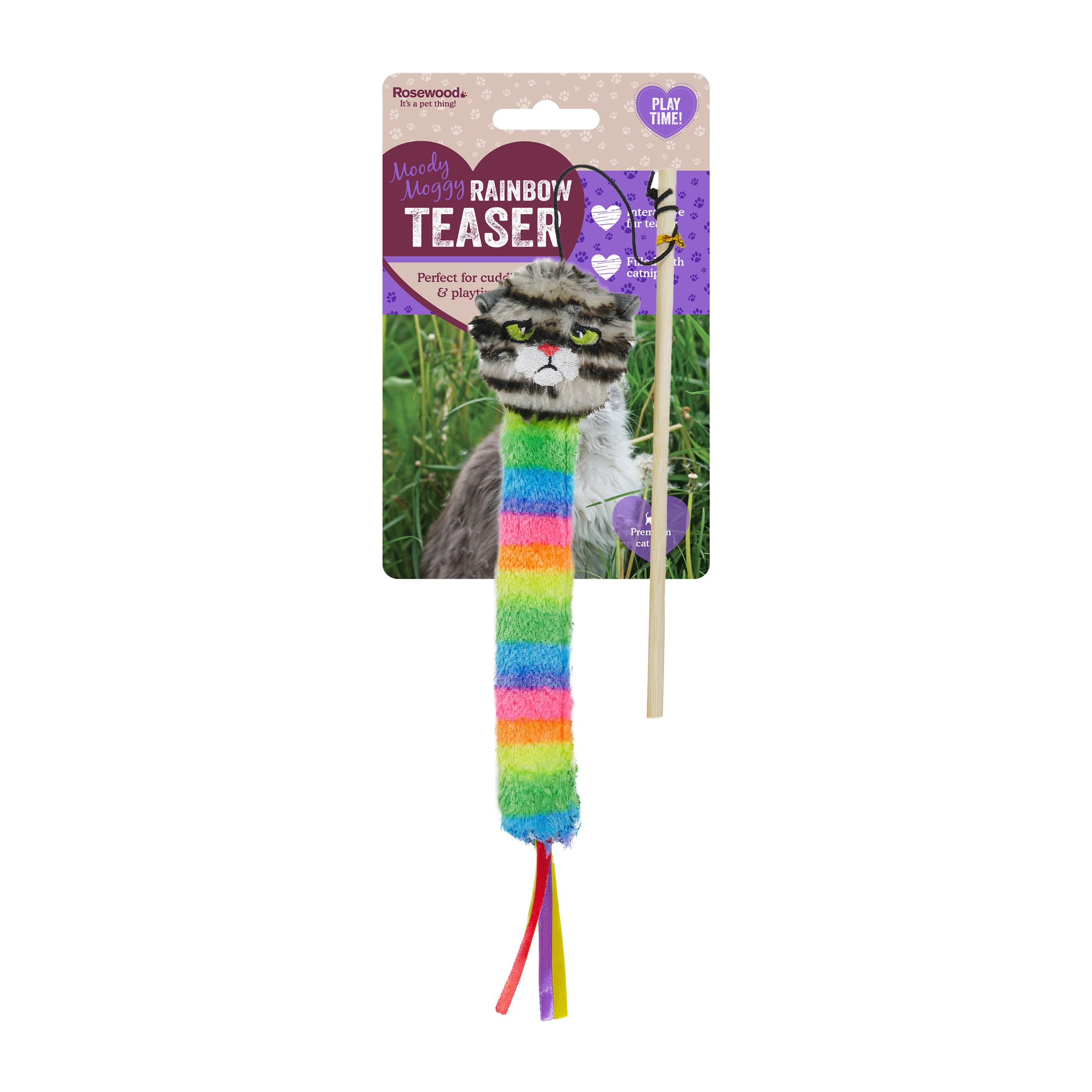 Rosewood Moody Moggy Rainbow Cat Teaser - Interactive Catnip Cat Toy Wand with Colorful Elements for Fun & Exercise