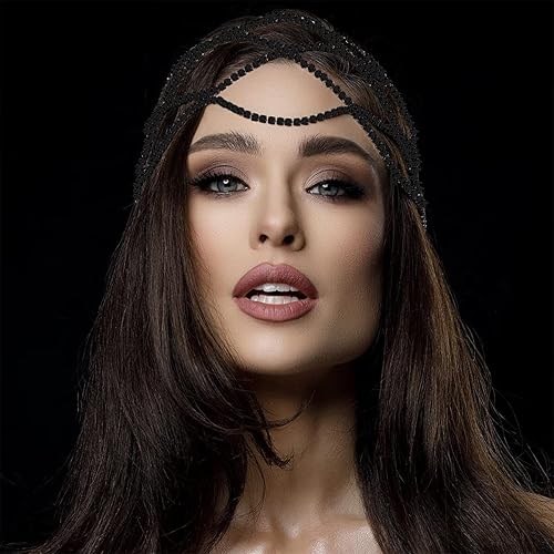 Miniatura 7 de STONEFANS Gorra de malla con diamantes de imitación negros para mujeres y niñas de los años 20 con cadena de cabeza para boda joyería de novia