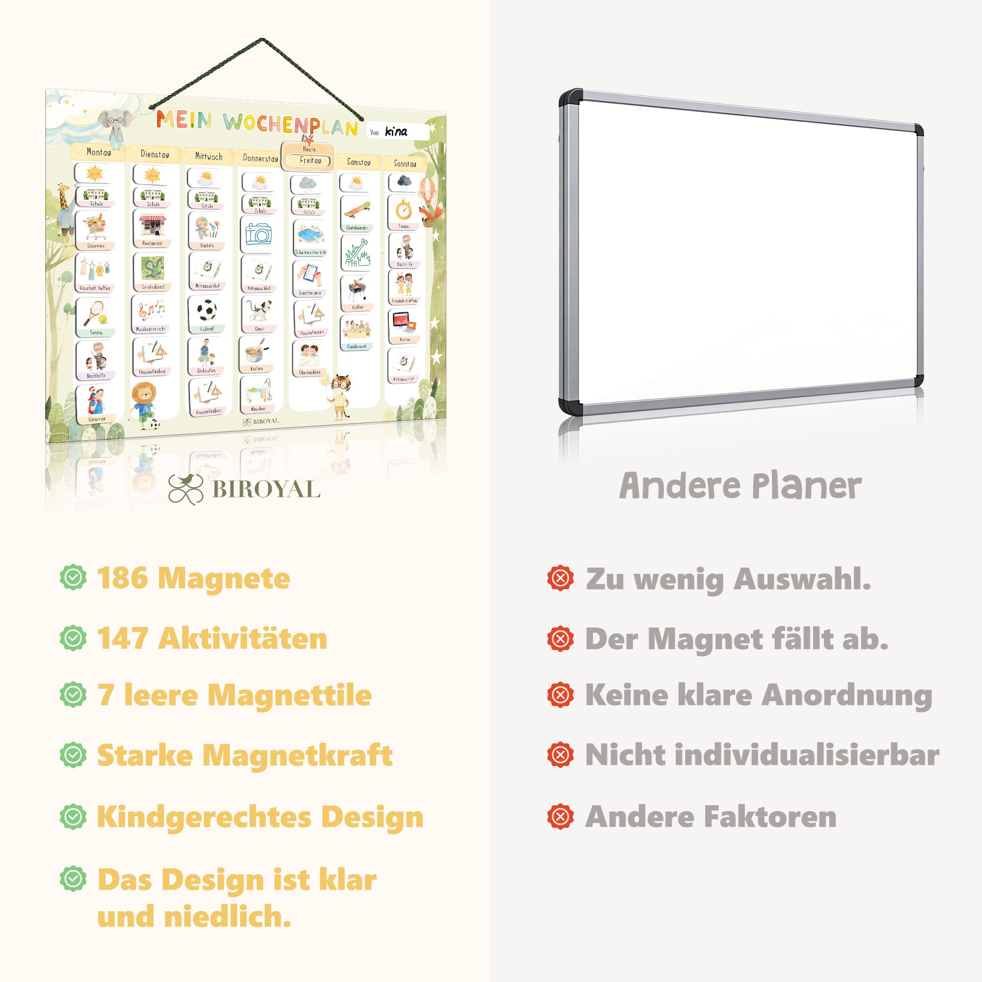 BIROYAL Wochenplaner für Kinder | Montessori Magnettafel inkl. 186 Magnete & Kordel | Kalender beschreib & abwischbar | magnetisches Lernspielzeug auf Deutsch für Kinder