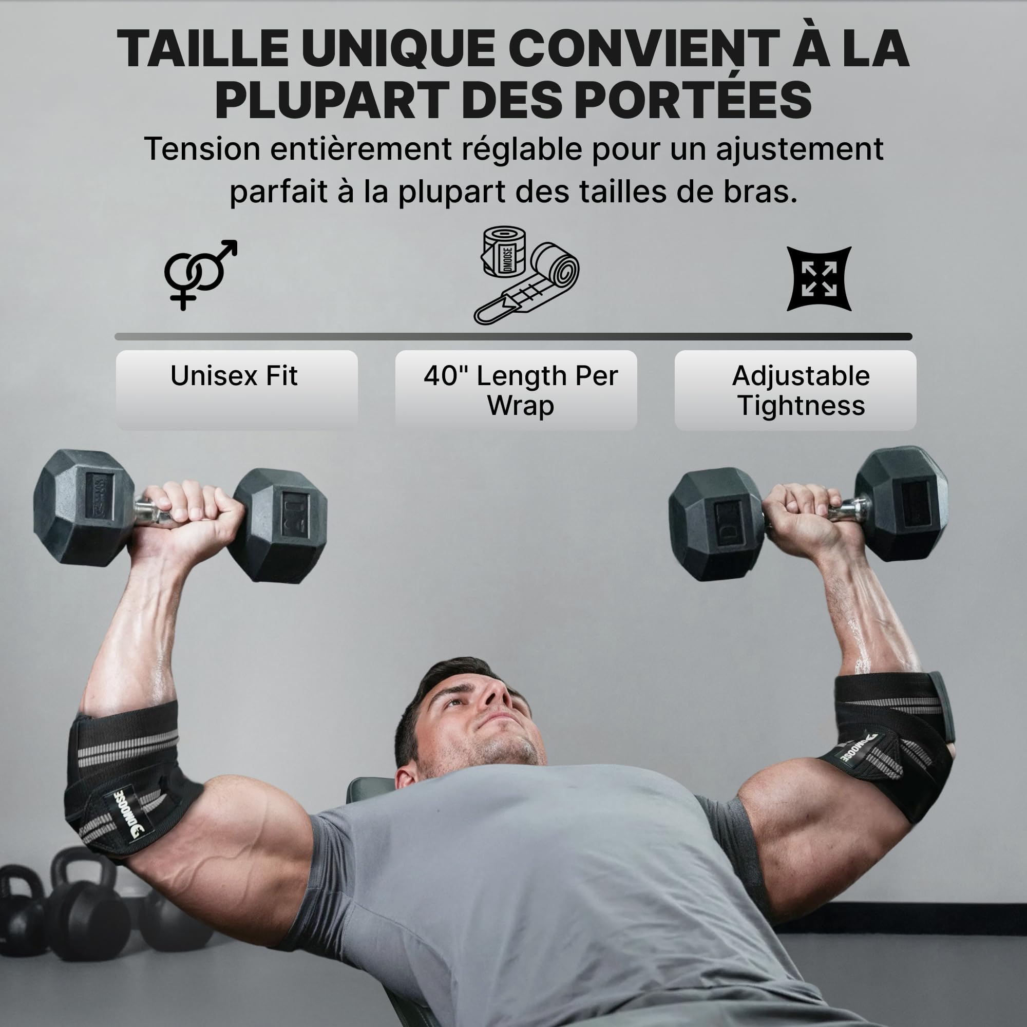 DMoose Fitness Paire de coudières réglables pour haltérophilie - 101,6 cm - Pour soutien articulaire, soulagement de la douleur et de la tendinite - Pour l'haltérophilie, le développé couché et les