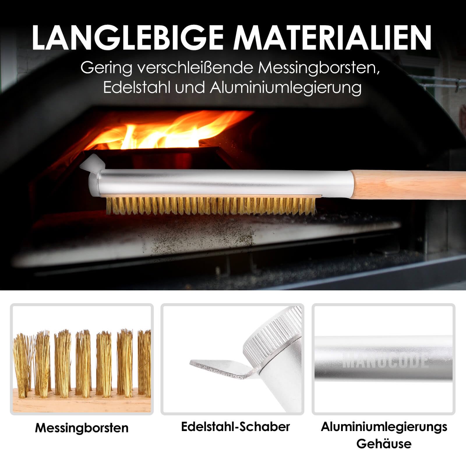 Profi Pizzaofen-Bürste 52cm mit Edelstahlschaber und Messingborsten – Ideal für Outdoor- und Indoor-Öfen