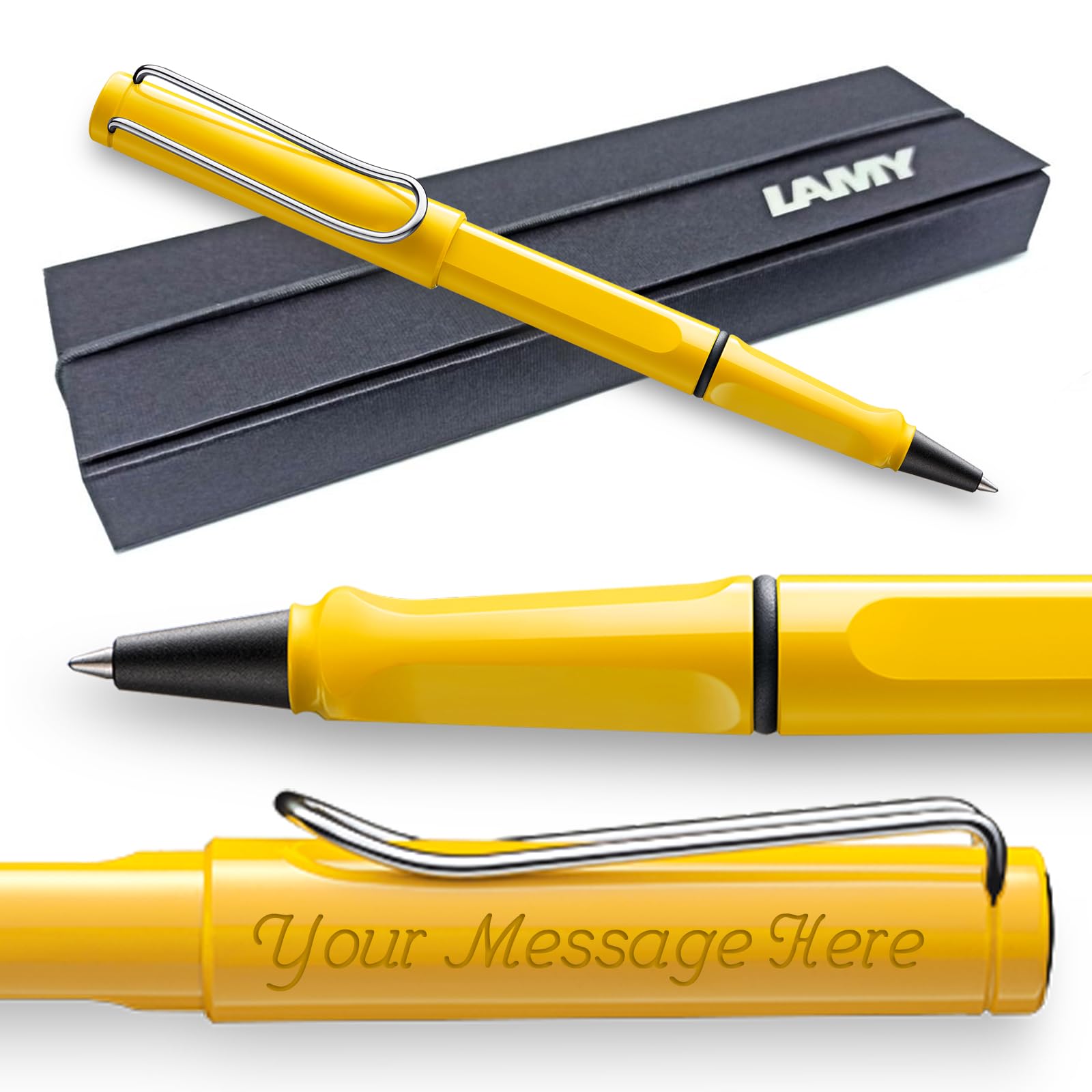 Lamy Safari Rollerball Pen with personalized engraving. Ergonomic grip, medium line width, robust ASA plastic, includes blue M 63 refill, and comes gift boxed. (Yellow)