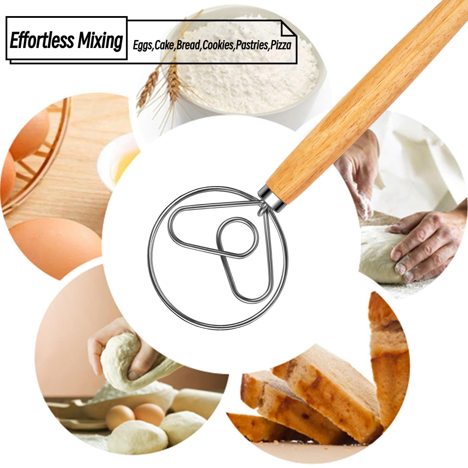 Batidor danés de masa – Batidor danés de madera para masa con gancho de acero inoxidable – Batidor tradicional holandés – Batidor de pan para masa madre suministros para hornear pan y