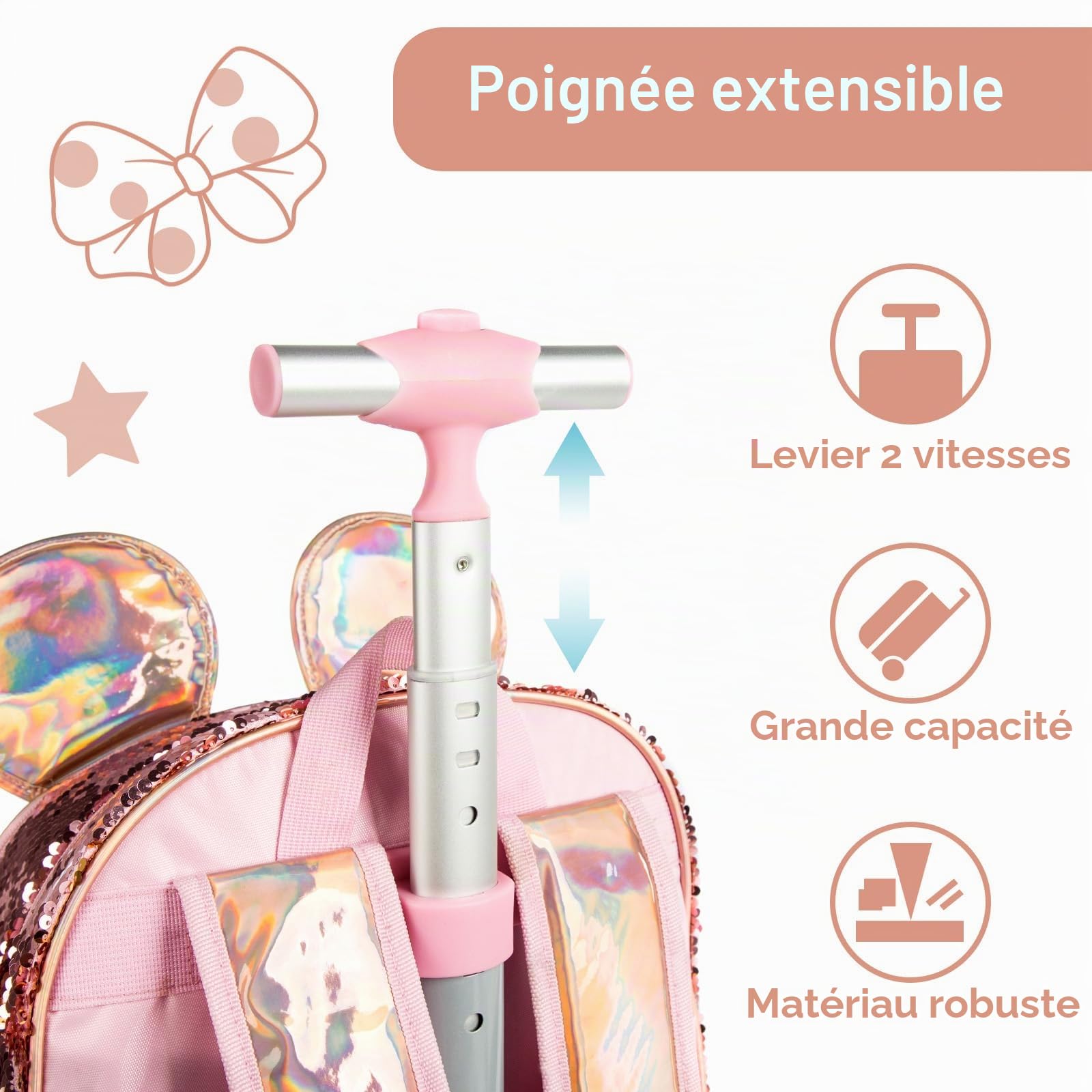 Sac a Dos Grandes Oreilles Enfant Roulette Fille Primaire Valise École Maternelle Sacs à D'école pour Voyage Cabine de Bagages 3PCS Ensemble Grand Cartable Étudiant Simple Perles Champagne