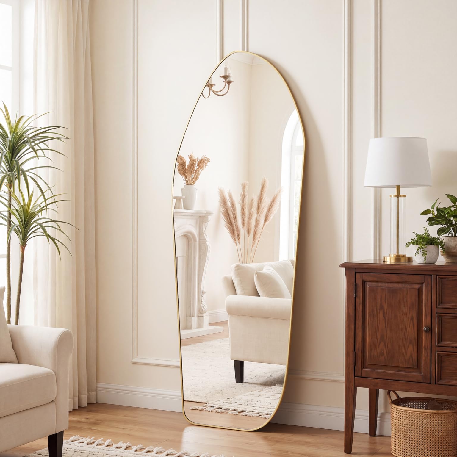 Koonmi 170x60cm Irregular Full Length Mirror, Asymmetrical Wall Mounted Mirror, Tempered Glass Explosion Proof, Standing Full Body Mirror Decorative for Bedroom, Bathroom, Living Room, Gold