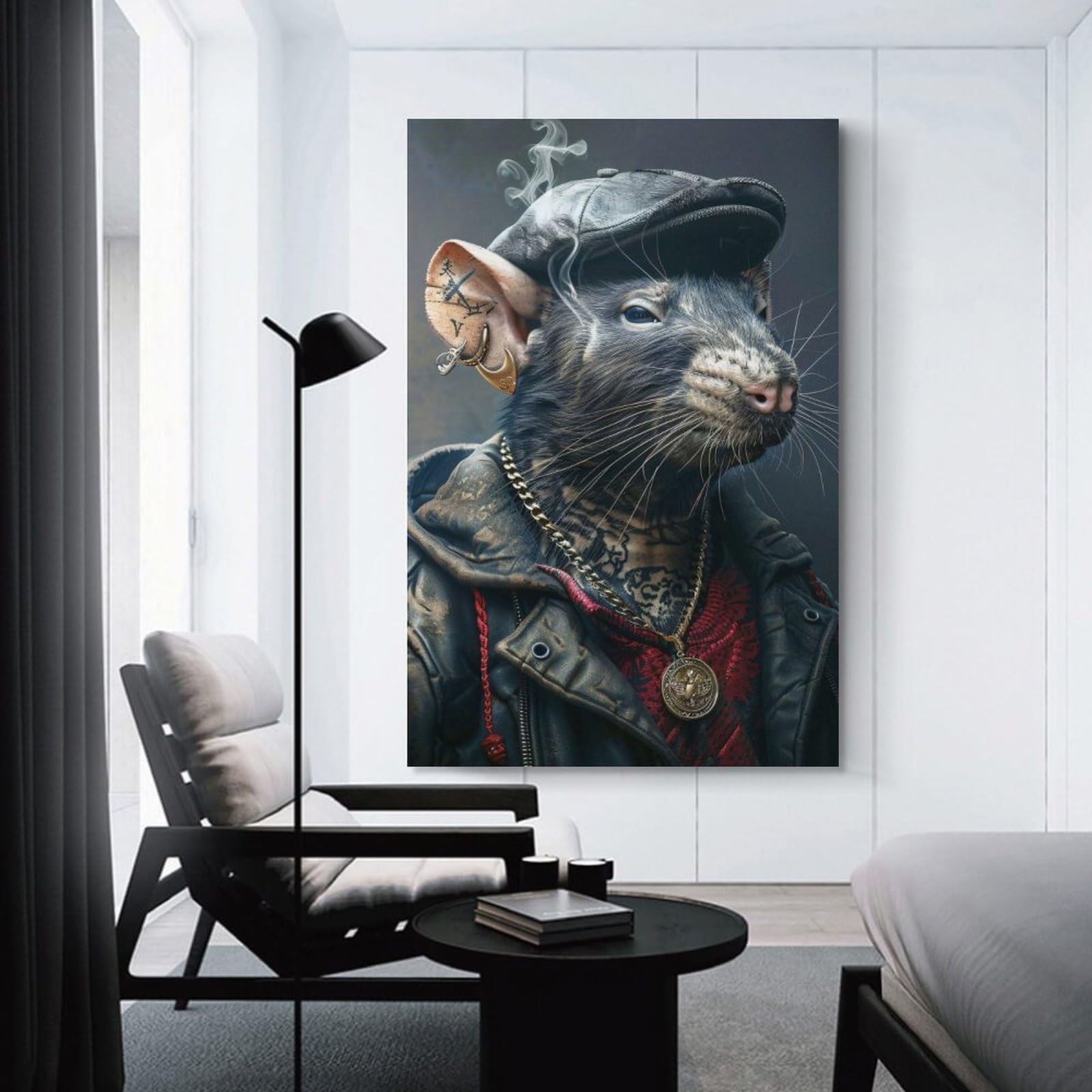 Junmoney Unframe-Style-19 Home Decor Wall Art Tattooed Rat Wearing Cap And Jewelry, 24X36inch(60X90cm), For New Homes, Bedrooms Or Workspaces, Home Decor Gift With Stylish Appeal