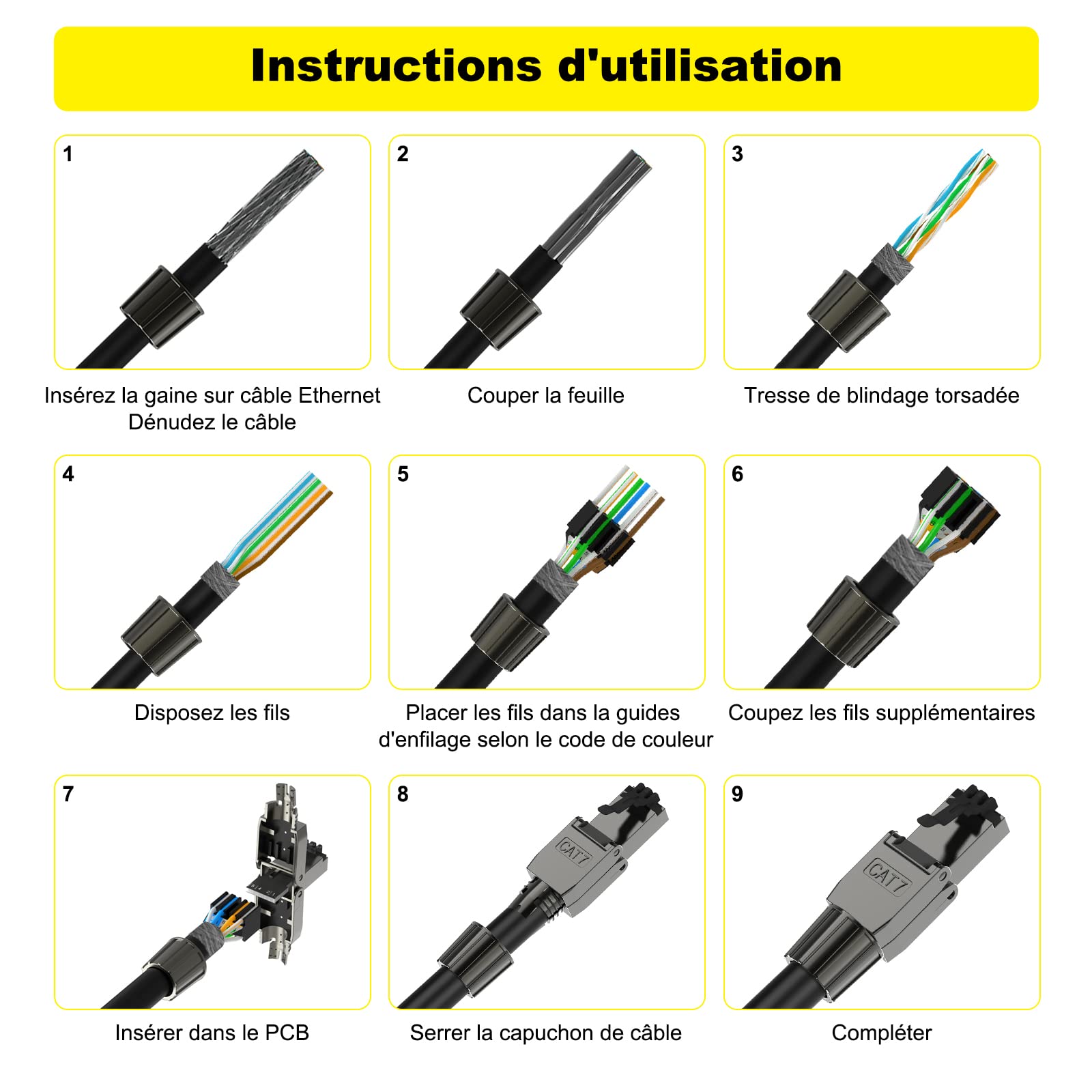 VCELINK Lot de 4 fiches RJ45 sans outil Cat 7 Cat6a, fiche réseau POE++, fiche Cat 7 10 Gbps 600 MHz blindée, fiche LAN avec connecteur LSA pour câble d'installation, câble de pose, noir