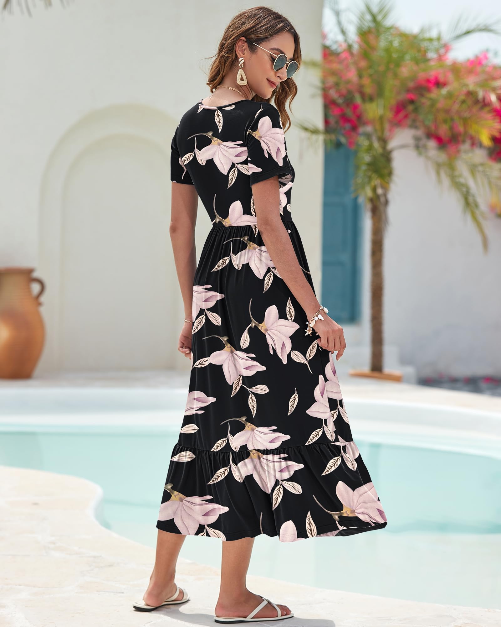AUSELILY Vestito Estivo da Donna Abito Lungo a Maniche Corte Abito Lungo da Donna Abito Estivo da Spiaggia con Scollo a V e Vita Impero con Tasche