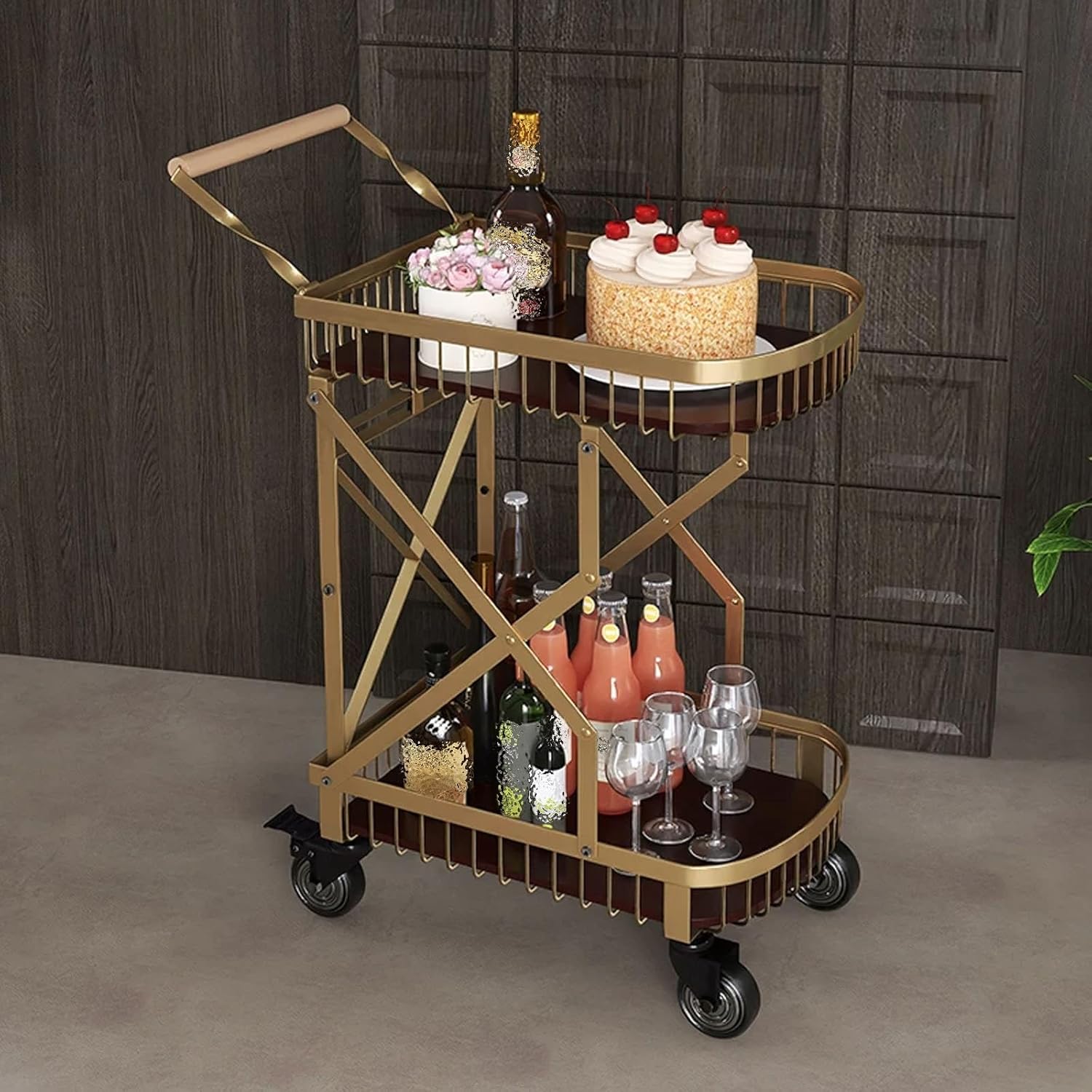 Foldable Rolling Cart with Handle, Utility Service Cart with Wheels, Multi-Functional Storage Carts for Kitchen, Bar, Hotel, Restaurant, Home Use