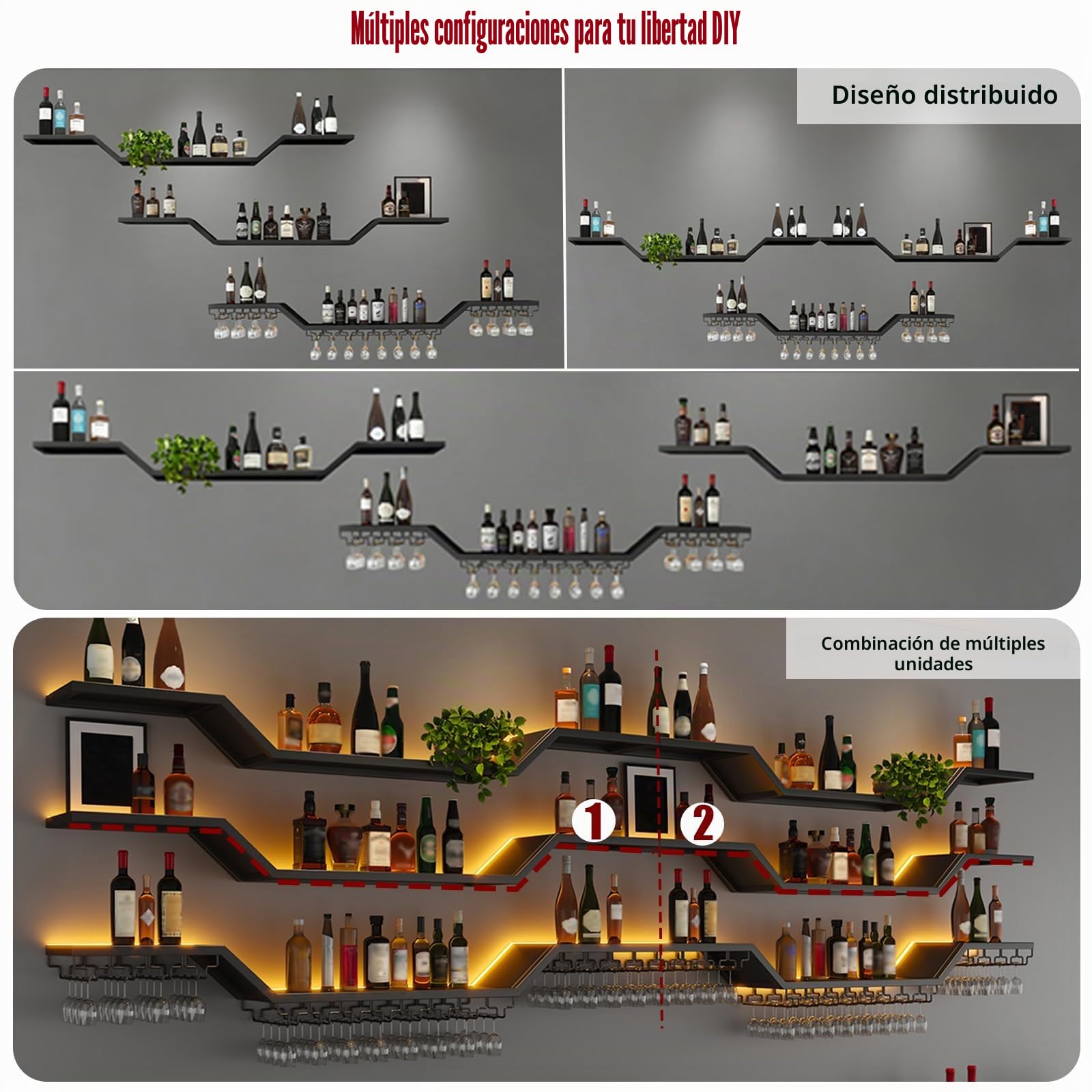 Industrial Metal Vino para con Portavasos, Grande Botellero de Pared de Metal con luz LED, 3 Niveles Flotante para Vino exhibición, de hogar Restaurante Bares (Negro, 200cm)