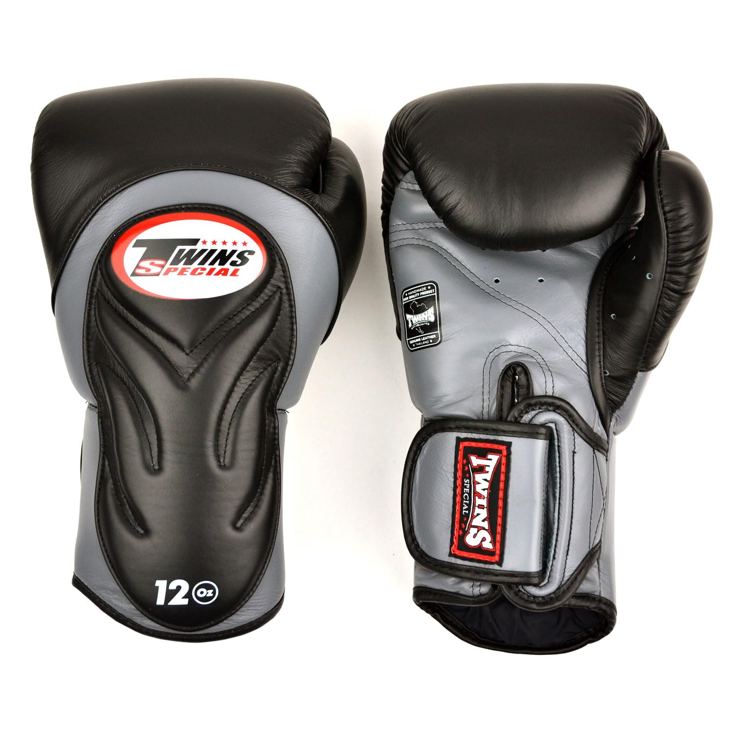 Twins Special BGVL6 Long-Cuff Leather Boxing Gloves, Hook & Loop Closure, For Muay Thai, Boxing, Kickboxing & MMA Training & Sparring (Black/Grey, 12oz)