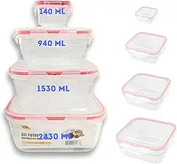 Potes Herméticos Quadrados Kit com 4, Tampa Plástica com Trava, MTS, Transparente, Varios Tamanhos, Armazena Alimentos Vedados, Resistente, Ideal Freezer/Microondas, Tamanhos 140ml, 940, 1530 e 2430ml
