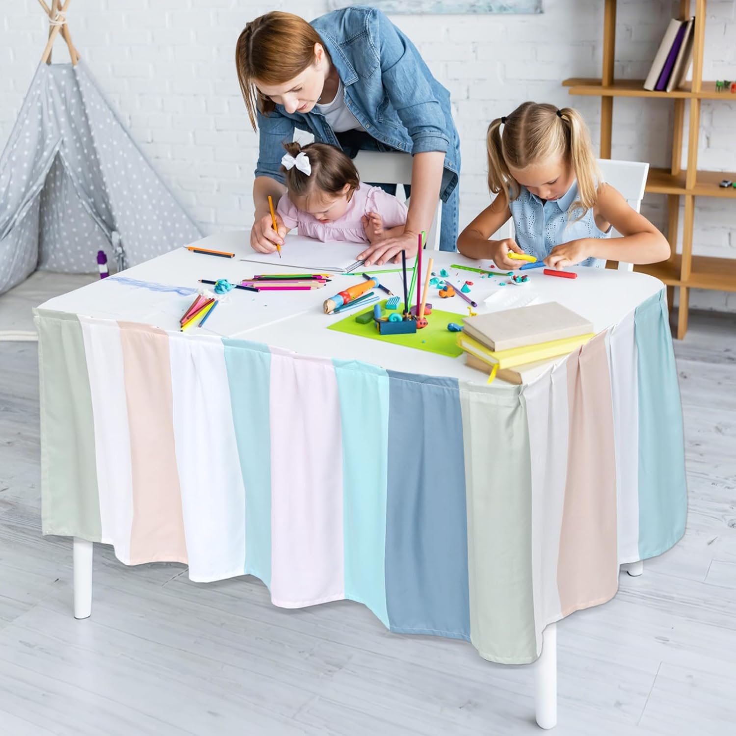 9Ft Boho Table Skirt Cloths Teacher Desk Skirts for Classroom Decorations Colorful Rectangle Tablecover Skirt for Kindergarten Preschool Office Bookcase Cabinet Decorations Back to School Supplies