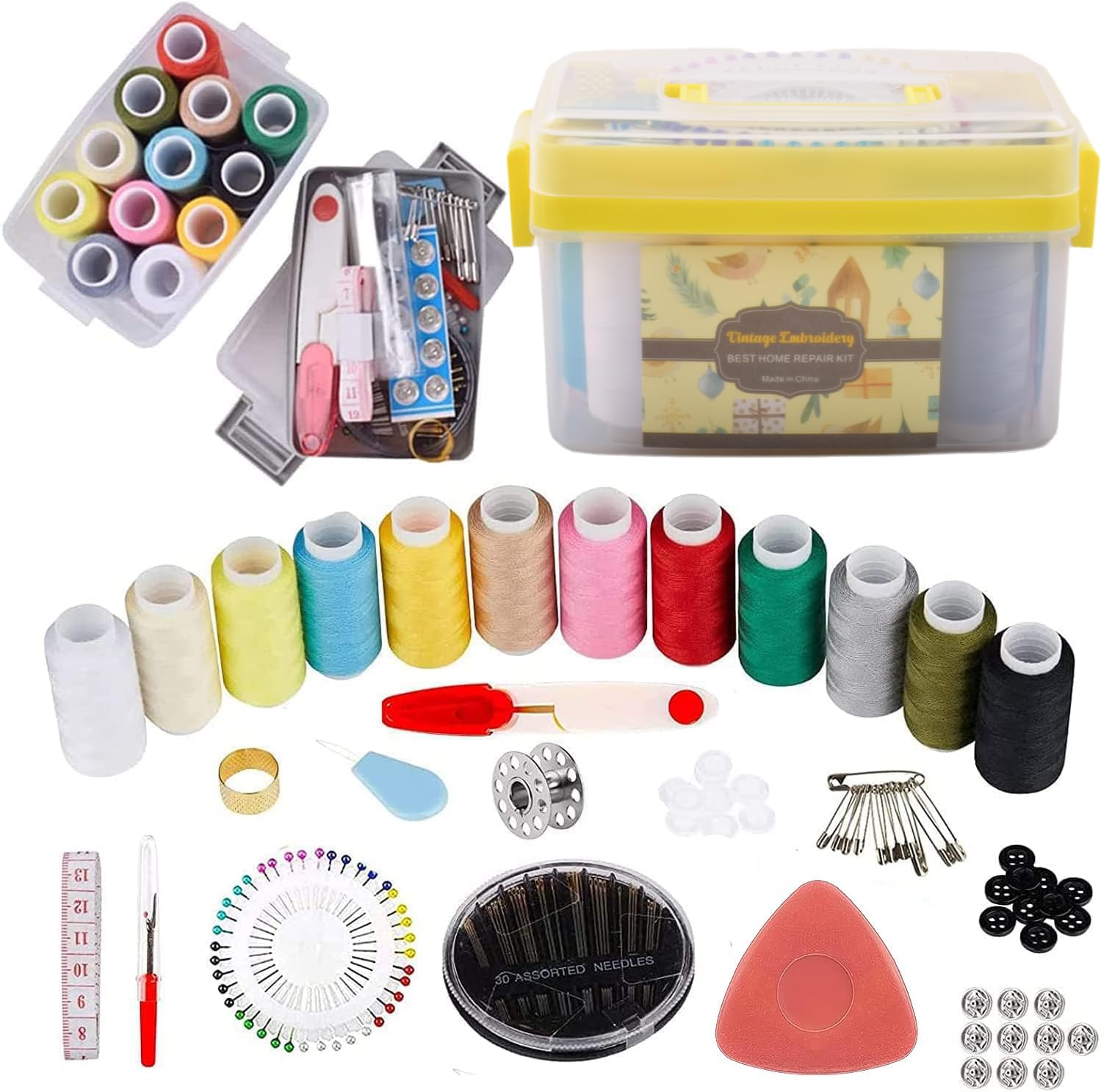 Sewing Kit for Adults & Beginners - Portable Travel Hand Sewing Supplies with Case, Thread, Needles, Scissors - Complete Basic Starter Set (Yellow)