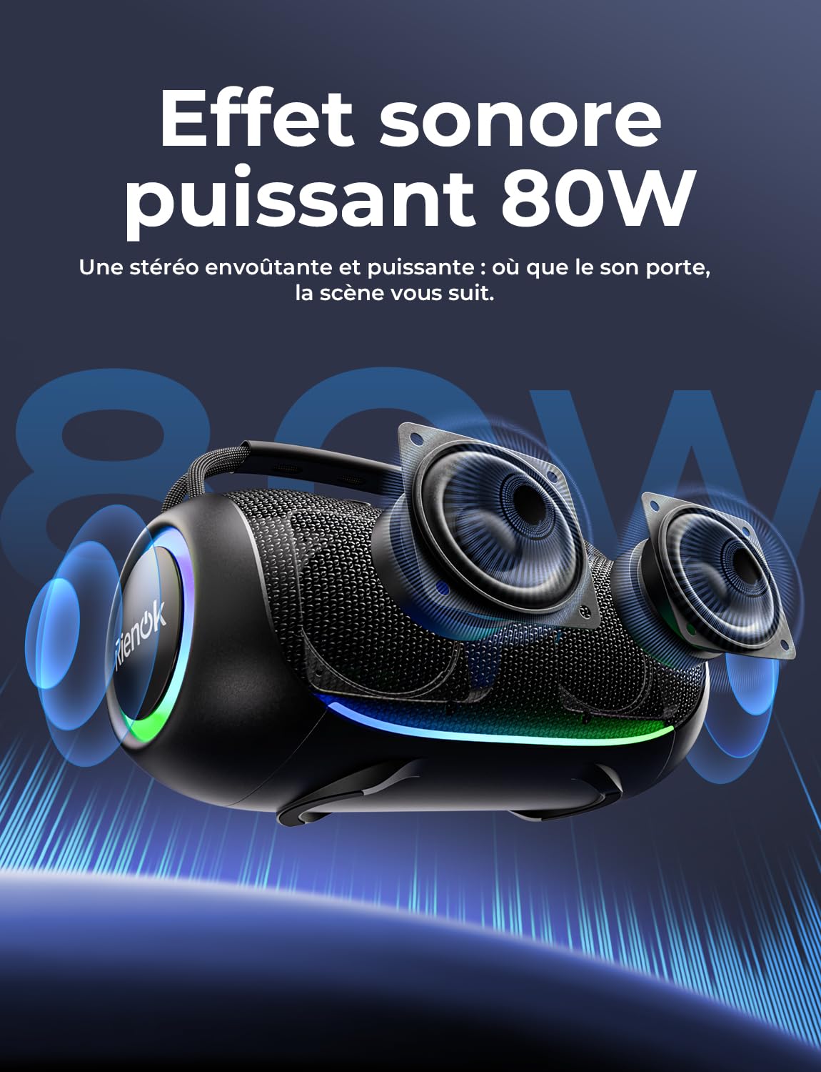 RIENOK Enceinte Bluetooth, 80W Enceinte Puissante, Tweeter et Woofer, 6000 mAh, 30H, IPX6, 128Go, Haut Parleur Bluetooth 5.3, Port Clé USB, AUX et TF Carte, pour Fêtes Soirées Voyage Extérieur, Noir