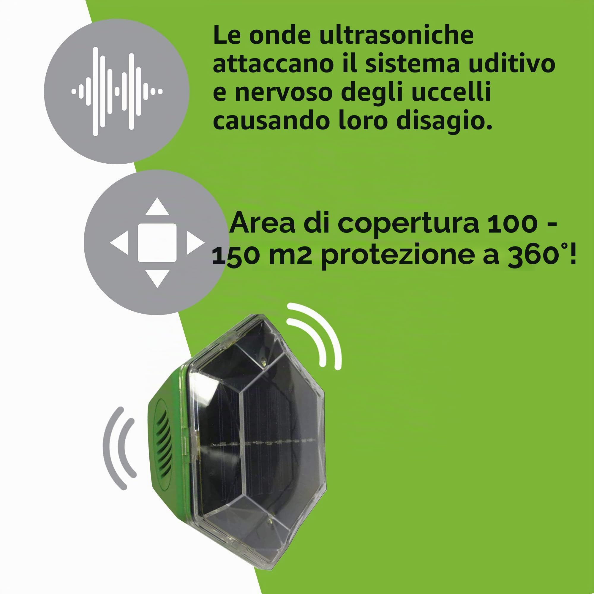 ISOTRONIC dissuasore solare uccelli luce lampeggiante ultrasuoni piccioni passeri gabbiani corvi balcone giardino raggio 150m² 2 unità efficace esterno protezione difesa stop volatili ecologico