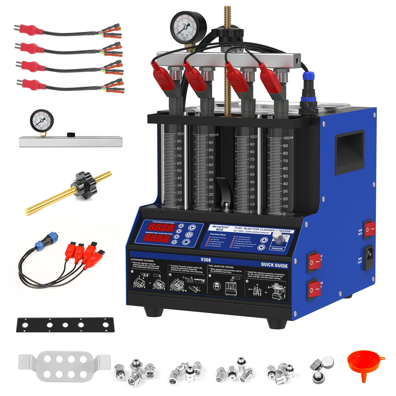MOTOCOCHE Fuel Injector Cleaner Tester Machine,Heated Ultrasonic Cleaner Tester with 9 Test Modes, 4 Cylinder Fuel System Injection Cleaning Tool Kit for Motorcycle Most Car Injectors (V308)