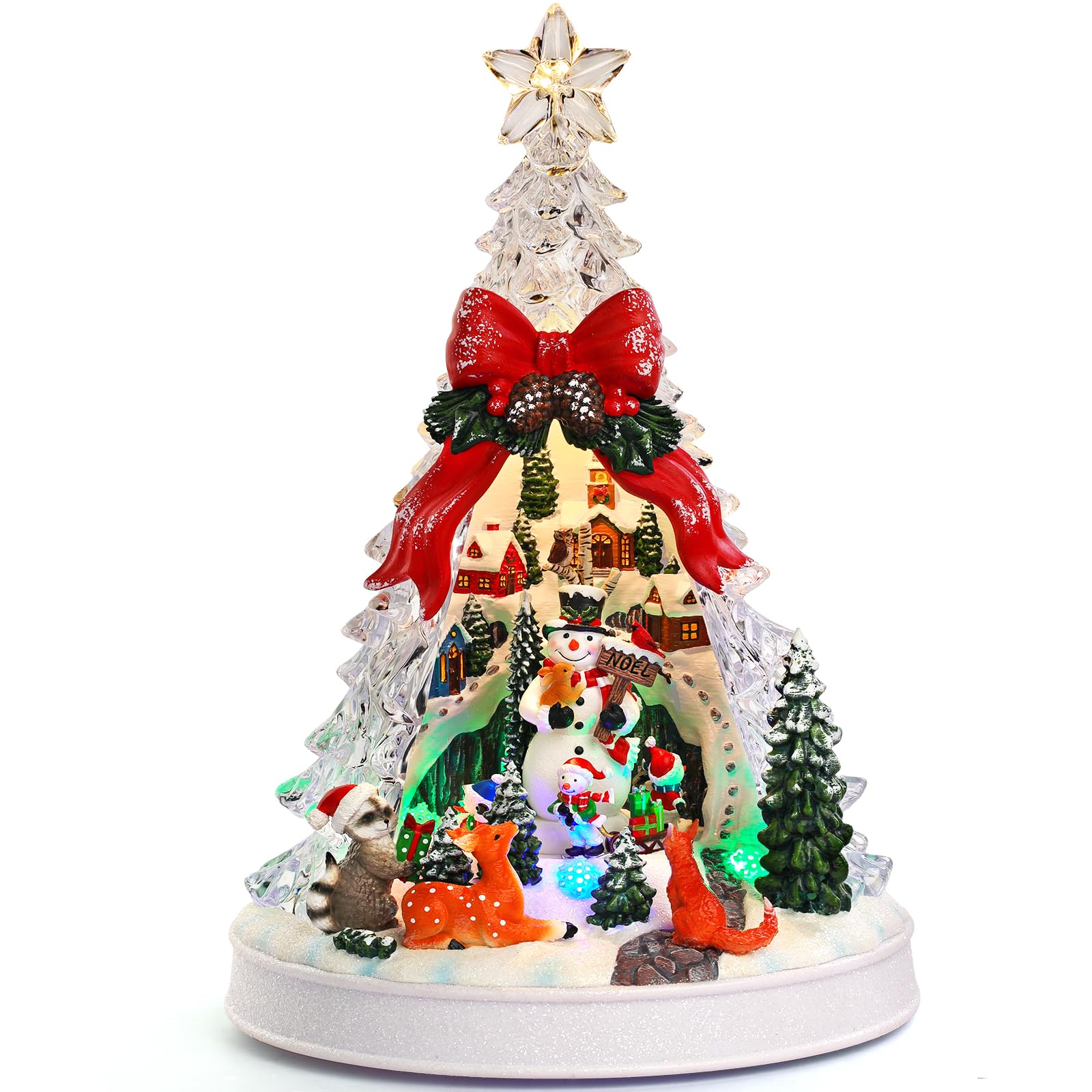 Priddop Escena de pueblo de Navidad, decoraciones navideñas para el hogar, regalos iluminados, música, USB/batería, figuras coleccionables de edificios (árbol de Navidad)