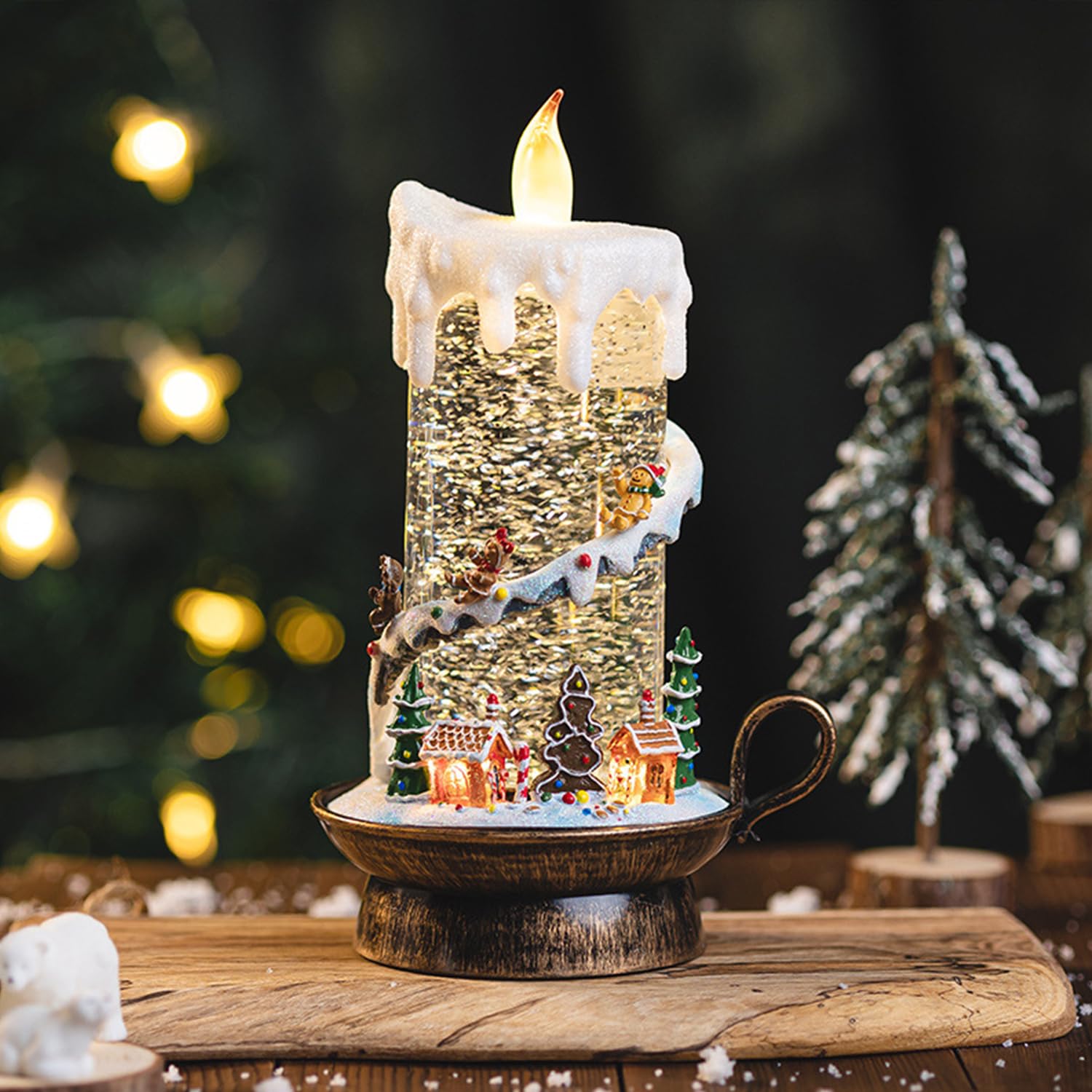 Christmas Snow Globe Candle, Christmas Bear Snow Globe Lantern Music Box, 9 Inch Festive Home Decor for Indoor Holiday Tabletop