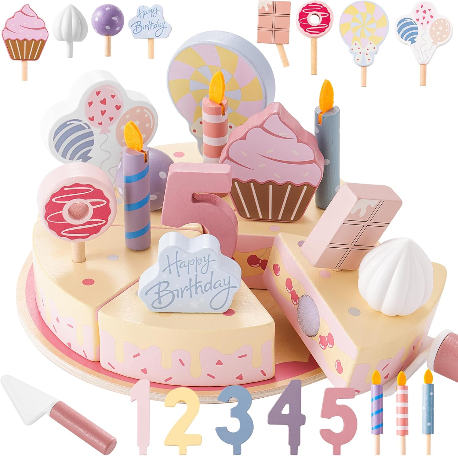 Wooden Birthday Party Cake Toys,Wooden Play Food Set Toys for Kid | Kitchen Accessories Pretend Play Toy Educational Toys Gift For Birthdays&Christmas