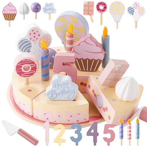 ZRUNBO Birthday Party Cake Toys, Wooden Play Food Set for Kids Toddlers, Play Kitchen Toys for Boys Girls, Educational Toys