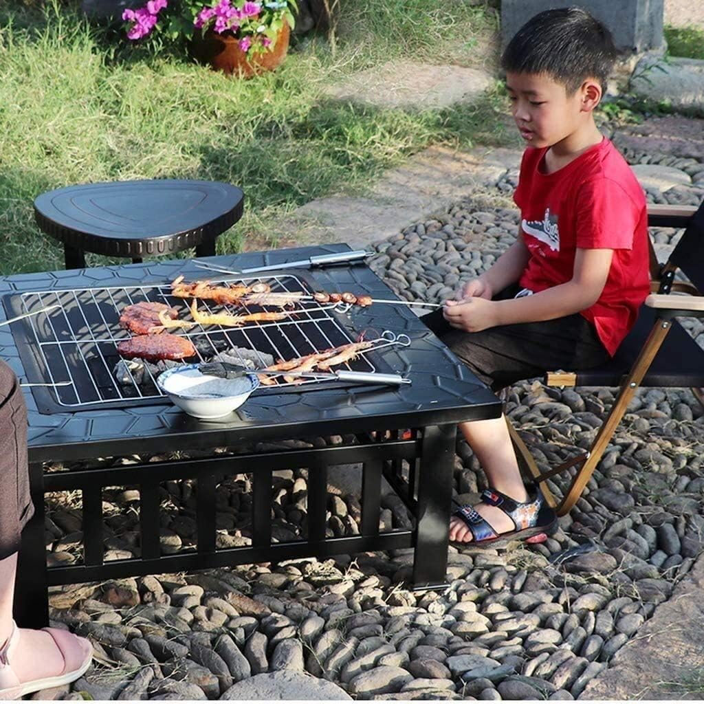 Garden Fire Pit Portable Grill Barbecue Rack Propane Fire Pit, Outdoor Metal Brazier Square Table Multi-Purpose Square Fireplace Garden Patio Heater for Party for Camping Backyard
