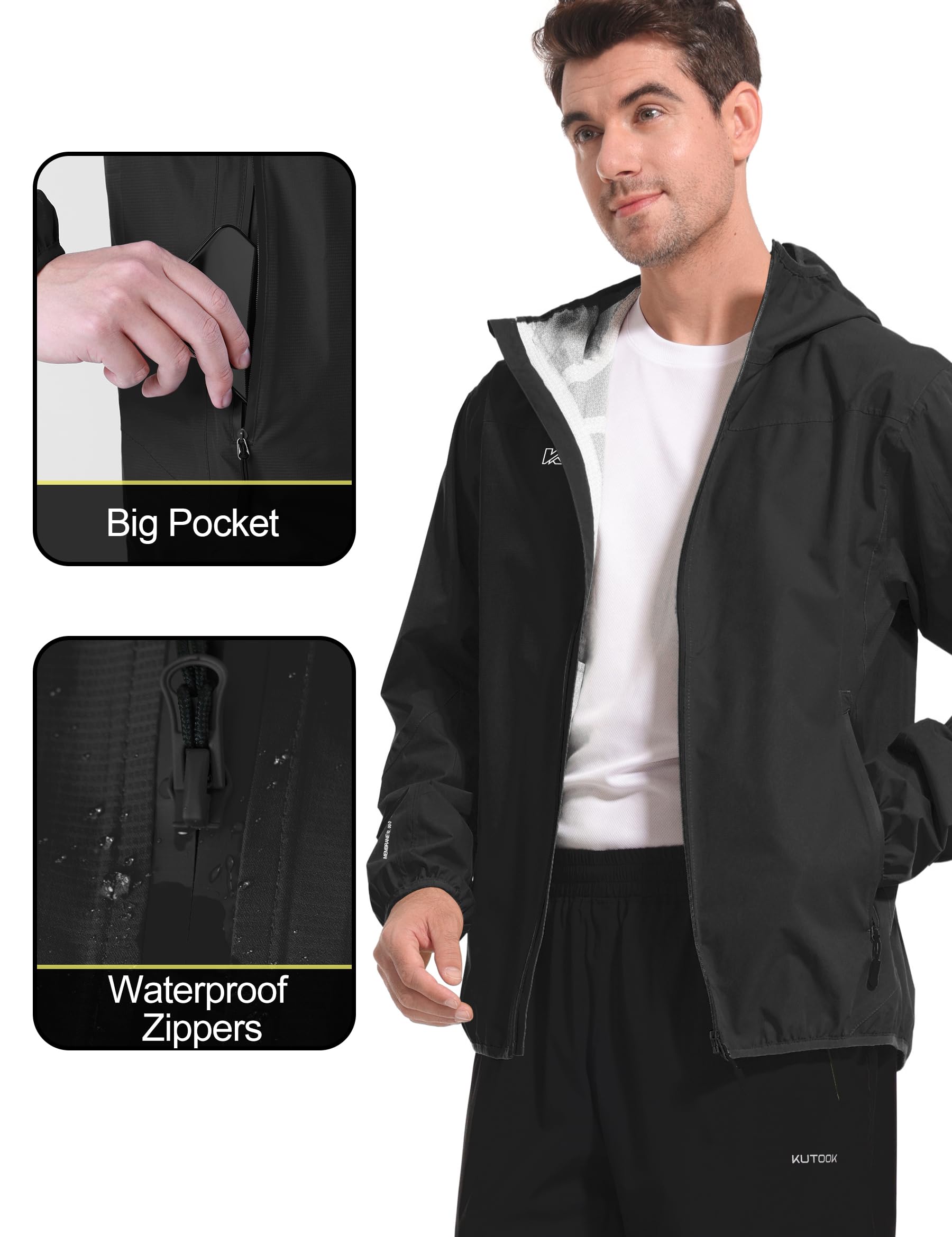 KUTOOK Veste de pluie imperméable à capuche légère et respirante pour homme, pour cyclisme, randonnée, course à pied, taille S à 3XL