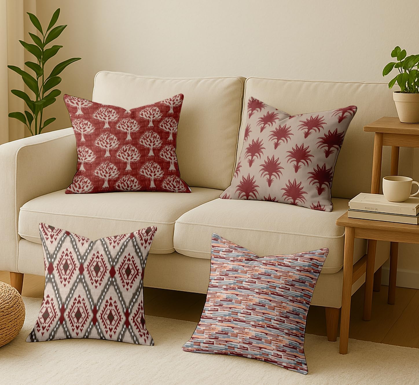 Cotton Cushion Covers Set of 4-16x16 Inch, Tree Print, Double-Sided Printed Throw Pillow Covers with Hidden Zipper - No Filler - Maroon
