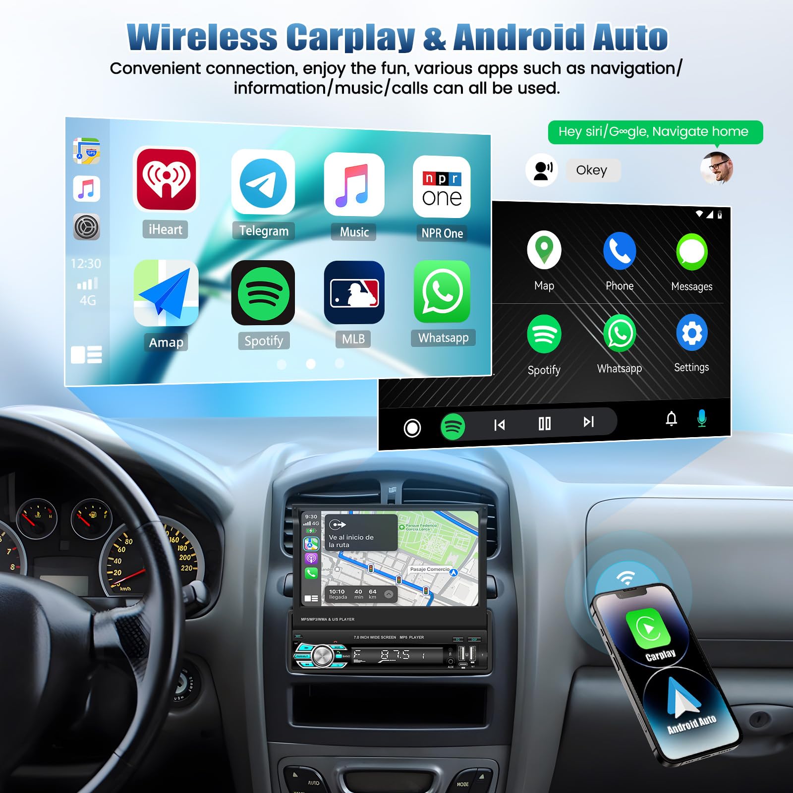 1DIN Autoradio avec Écran Rabattable et Carplay et Android Auto sans Fil, Autoradio 1 DIN à Écran Tactile 7 Pouces avec Bluetooth/SWC/USB/FM + Caméra de Recul + Microphone