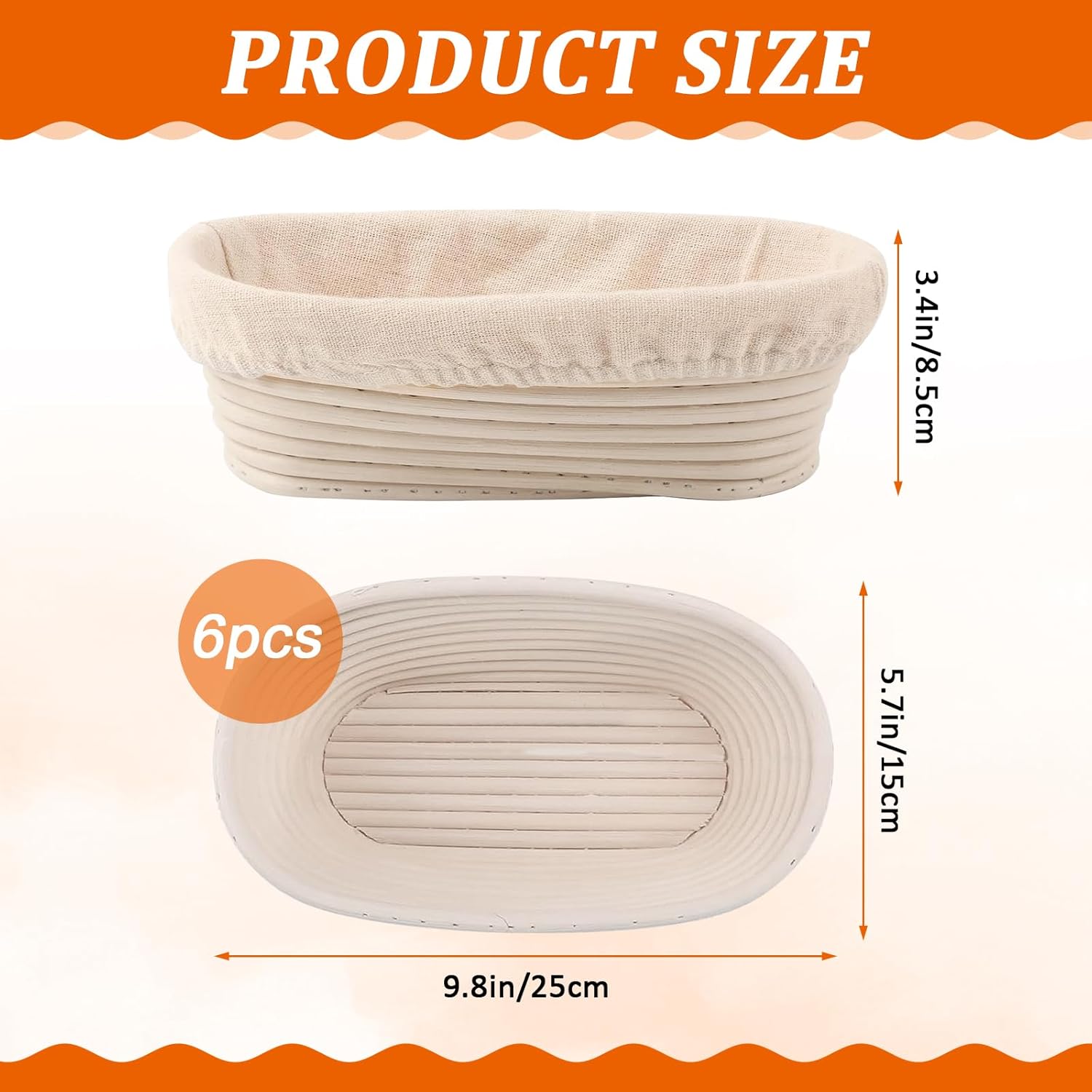 6 Pack Oval Banneton Proofing Basket Set 10 Inch, Natural Rattan Sourdough Bread Baskets with Linen Liners, Dough Baking Bowls for Professional & Home Bakers